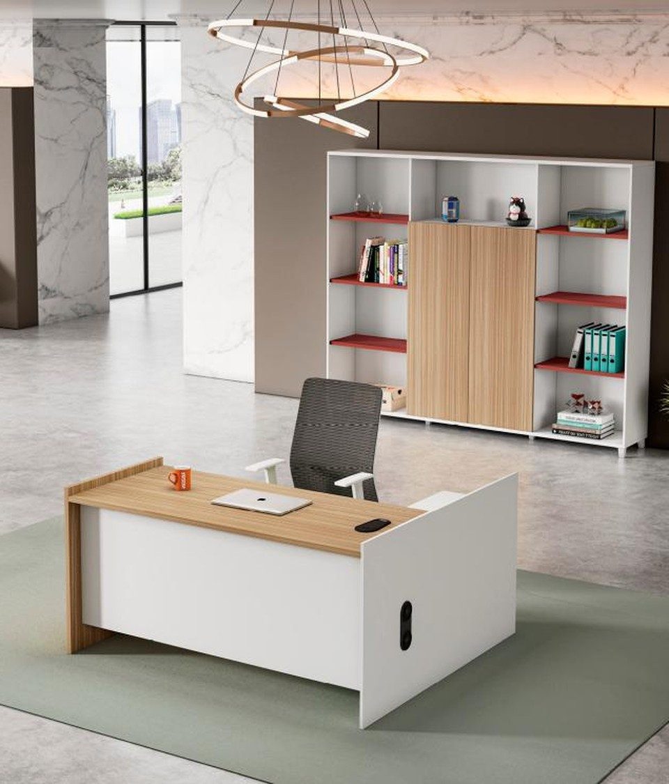 Büromöbel-Set Arbeitstisch und Büroschrank in Weiß-Holz-Design