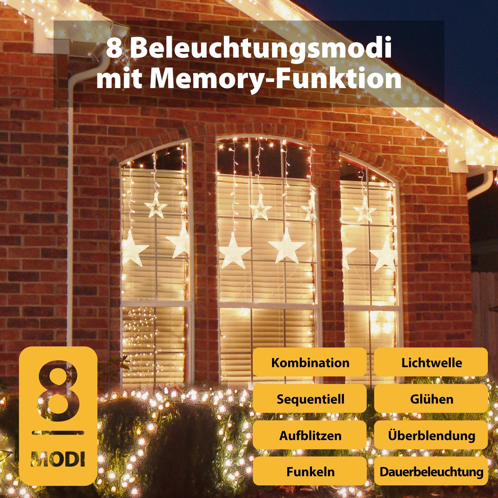 Salcar LED-Lichterkette 2m Sterne LED Lichterkette Außen Lichtervorhang Innen Weihnachten, 8 Beleuchtungsmodi und Memory-Funktion mit Fernbedienung Warmweiß – Bild 3 von 5