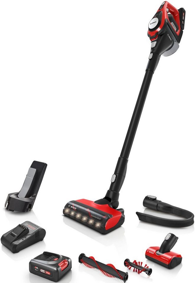 BOSCH Akku-Stielstaubsauger BCS8224PET Unlimited Serie 8 Gen2, beutellos,  Ideal für Haustierbesitzer, rot/schwarz, Unbegrenzte Laufzeit¹ dank  austauschbarer Akkus/Schnellladegerät