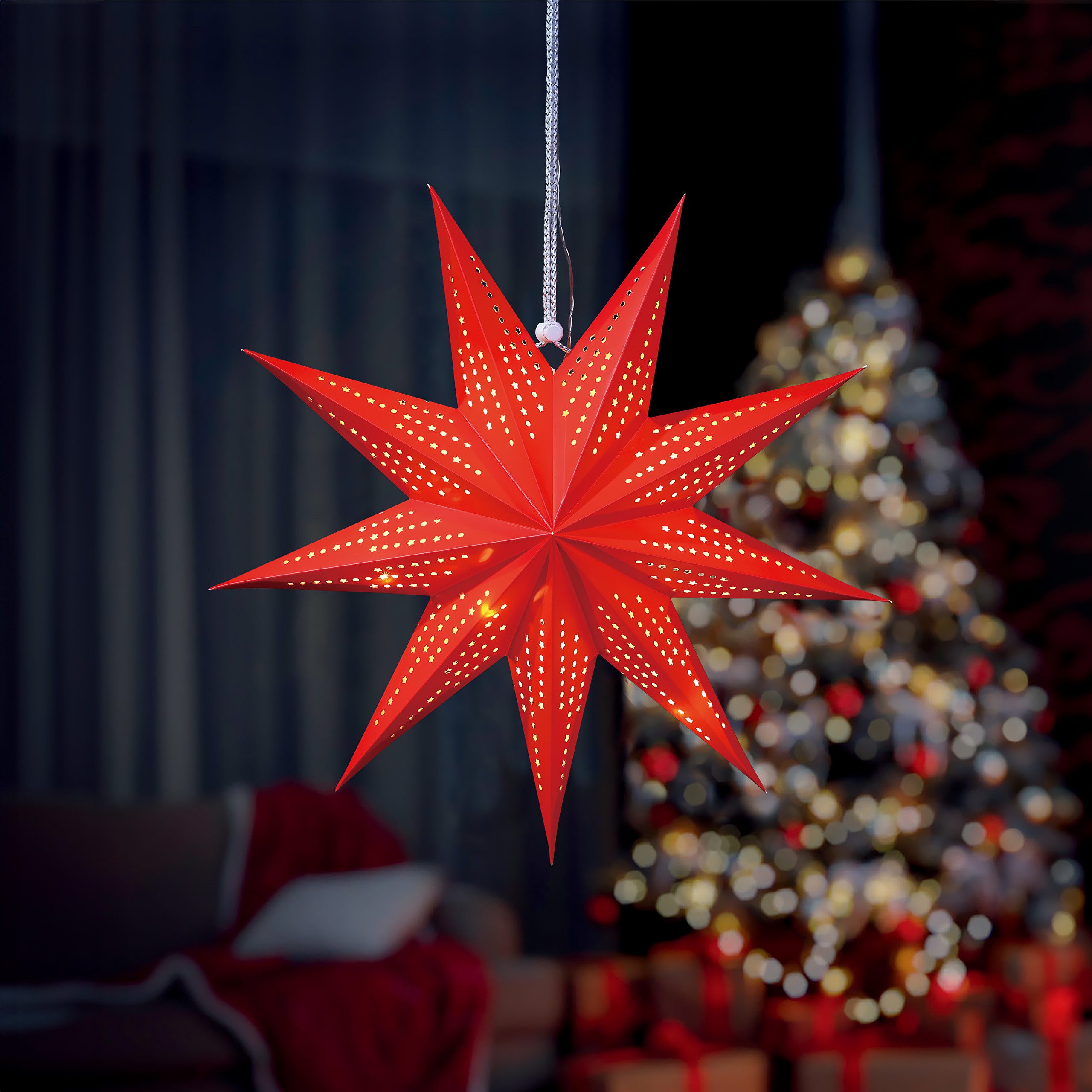IC Winterworld LED Stern Weihnachtsstern aus Papier zum Aufhängen, ca. Ø 45 cm, LED fest integriert, warm-weiß, inkl. 10er LED Lichterkette