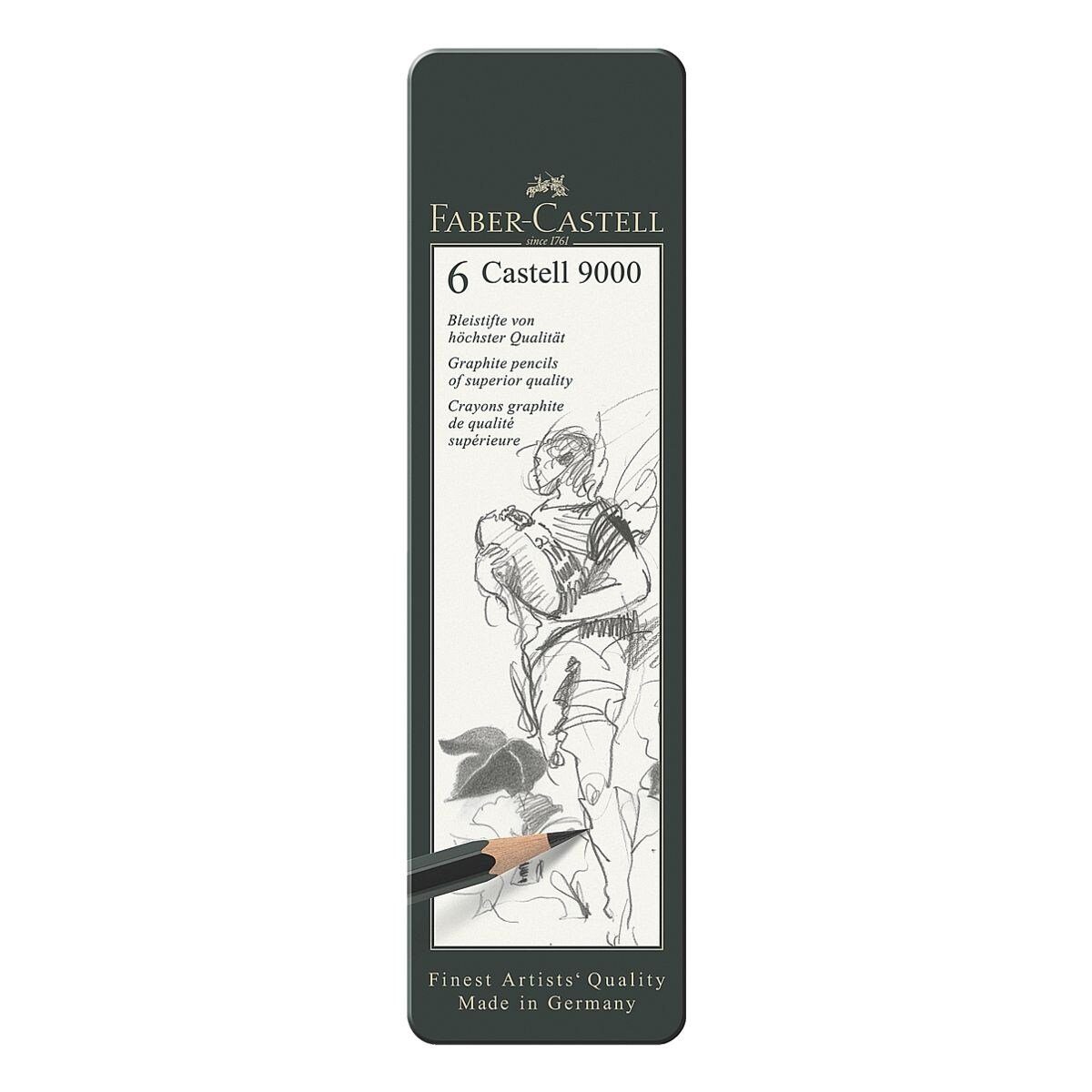 Faber-Castell Bleistift CASTELL 9000, (6-tlg), Härtegrade: HB, B, 2B, 4B, 6B, 8B, im Metalletui