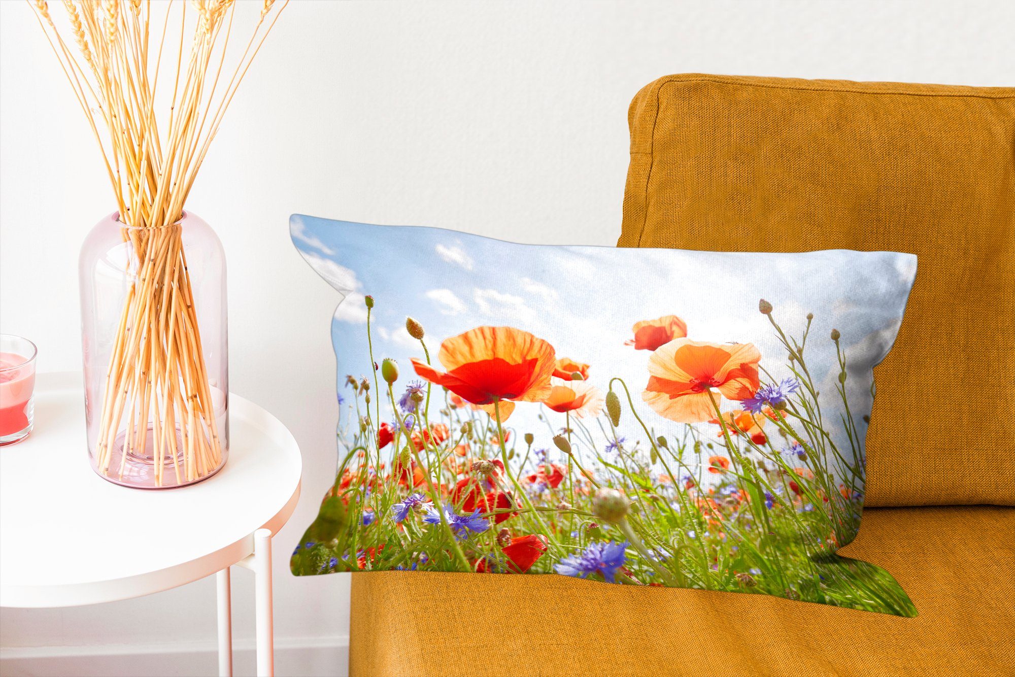 Mohn Dekoration, - - Rot Frühling Zierkissen, Blau, Füllung, Natur - - MuchoWow Wohzimmer mit Dekokissen Blumen - Schlafzimmer Dekokissen