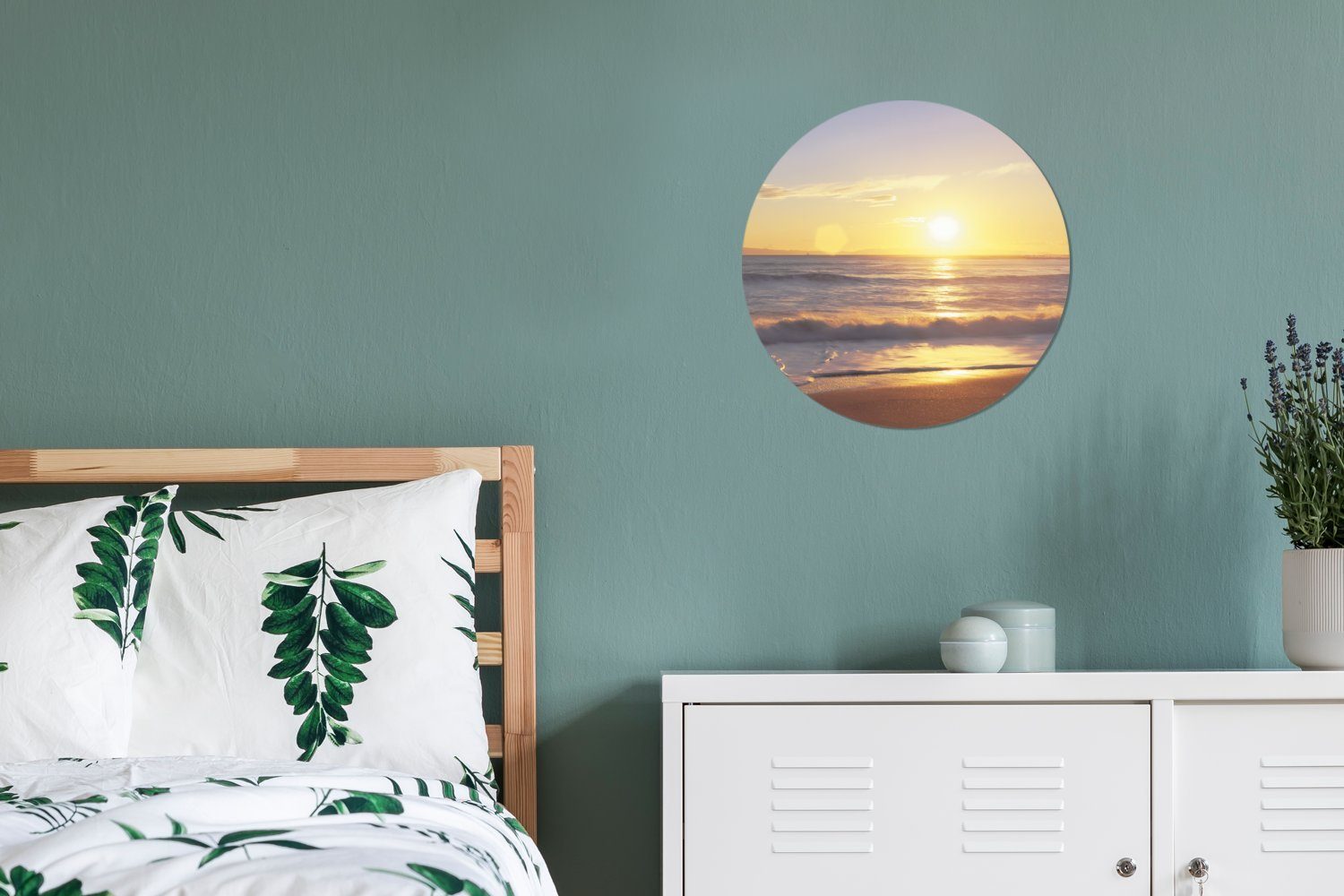 Wohnzimmer, - (1 30x30 Sonnenuntergang Kreis Brücke, MuchoWow Wandbild, Strand - Rundes St), Forex, Gemälde cm Wanddekoration