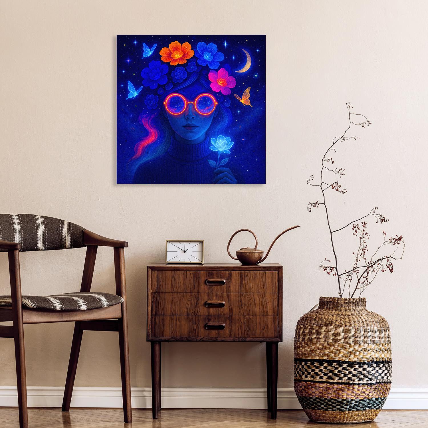 queence Acrylglasbild Sternenblume, Bilder von Frauen, Fantasy, Frau, Gemälde, Kunst, Sterne (1 St), Knallige, tolle Farben auf hochwertigem Acrylglas gedruckt