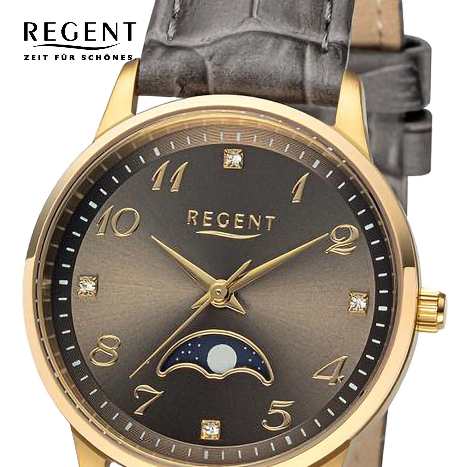 groß (ca. 31,5mm), Lederarmband rund, Damen Armbanduhr Analog, Damen extra Regent Regent Armbanduhr Quarzuhr