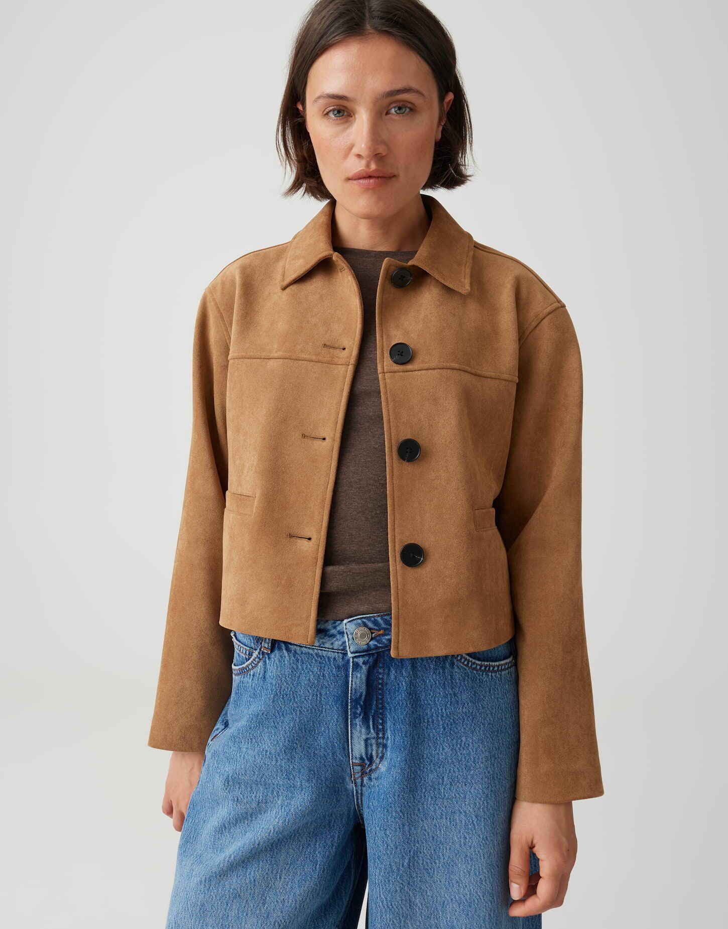 OPUS Lederjacke Boxy Kurzjacke in Velour Optik