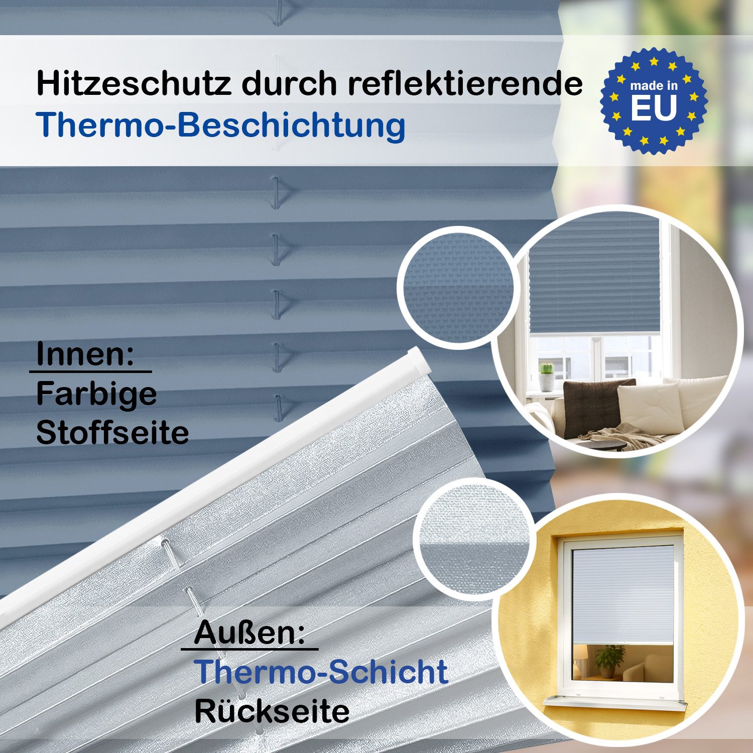 Rikmani Plissee Thermo Klemmfix ohne Bohren Blau 40x100 cm, blickdicht, Klemmfix, Thermo-Wärmeschutz, blickdicht, Stufenlos