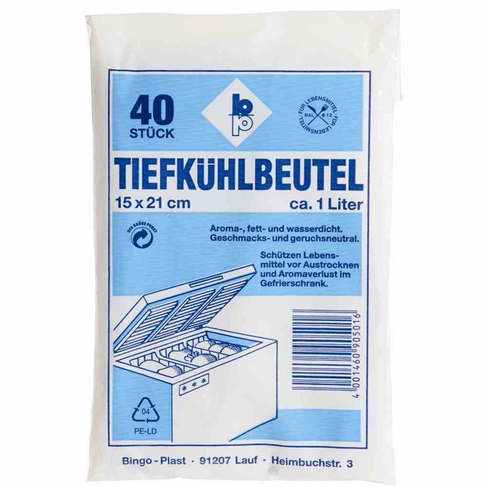 Bingo-Plast Gefrierbeutel Tiefkühlbeutel 1,0 l, 15 x 21 cm, 40 Stück