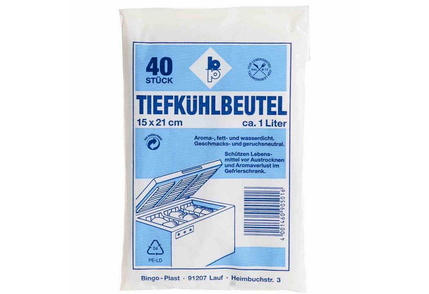 Bingo-Plast Gefrierbeutel Tiefkühlbeutel 1,0 l, 15 x 21 cm, 40 Stück