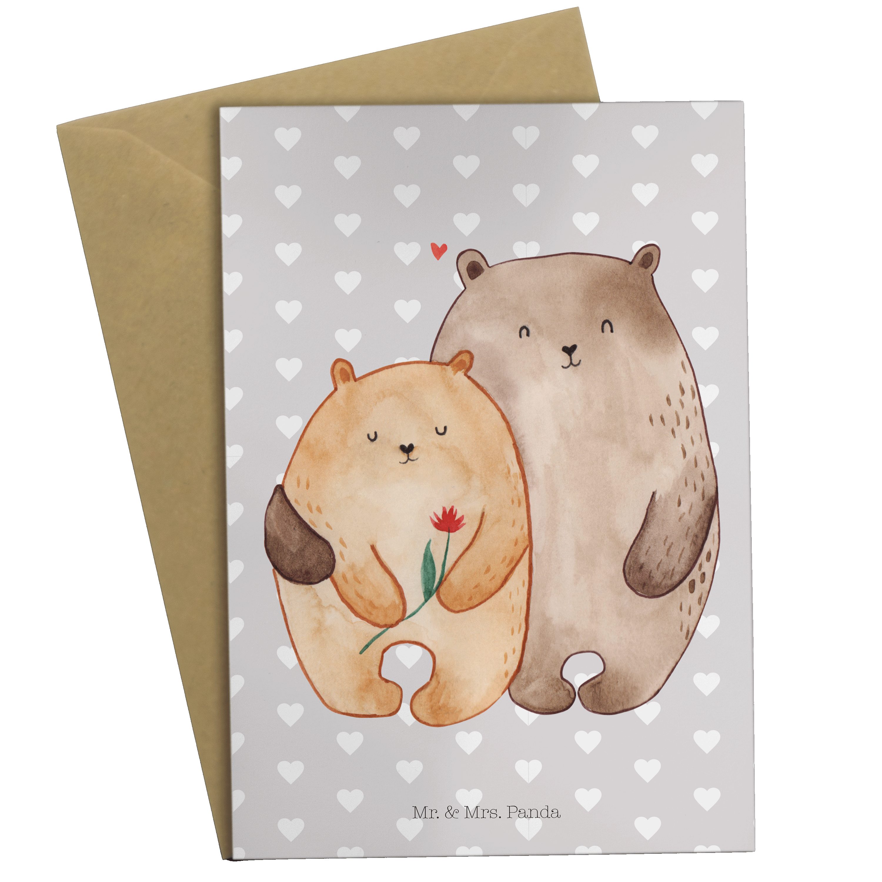 Grußkarte - Grau Klappkarte, Liebe Pastell - Bären Geschenk, Panda Mrs. Mr. Umarmun & Verlobung,
