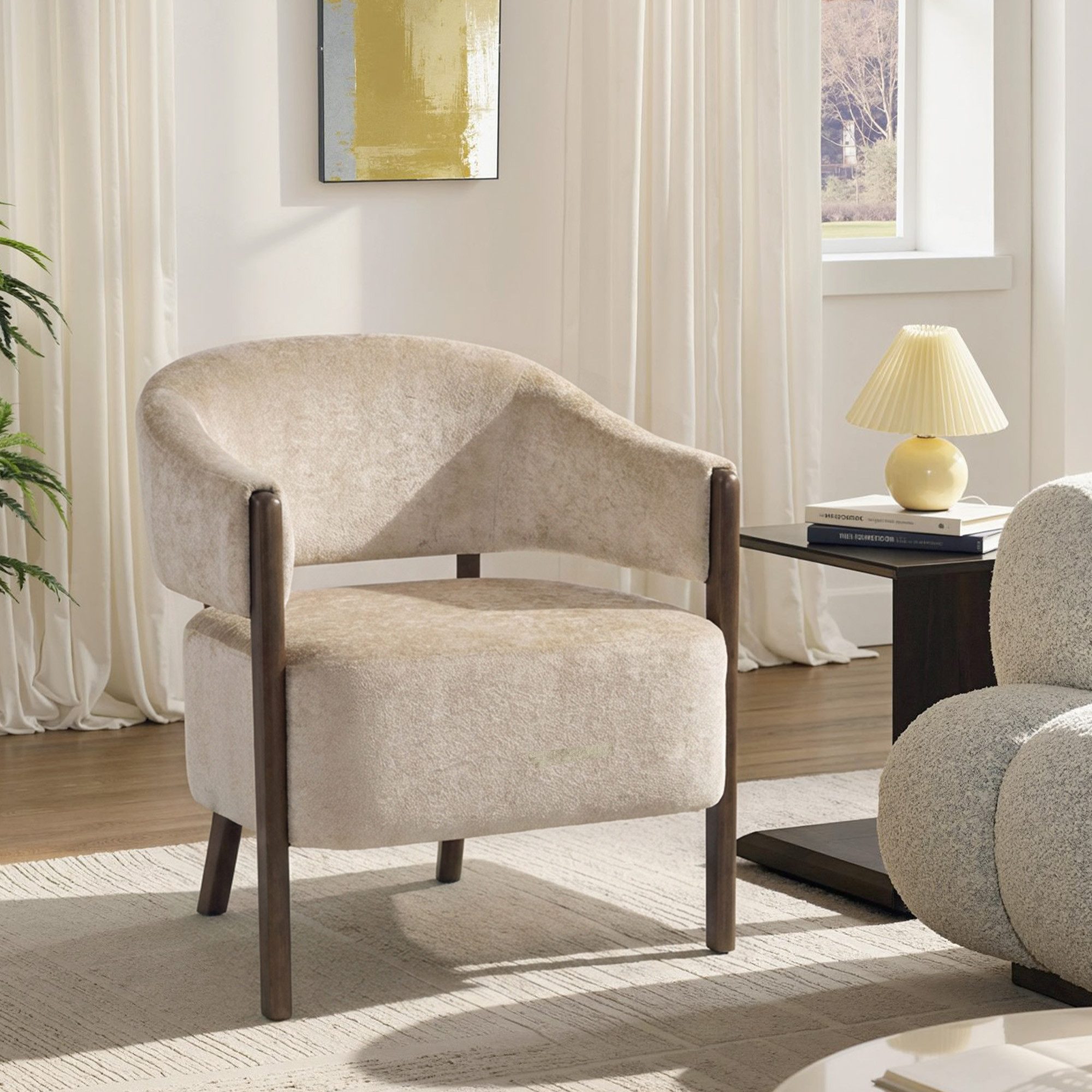 HOMCOM Relaxsessel Loungesessel, Polsterstuhl, für Wohnzimmer, Beige (Schminkstuhl, 1-St., Armlehnstuhl), Eleganter Chenille-Stoff, Massivholzbeine