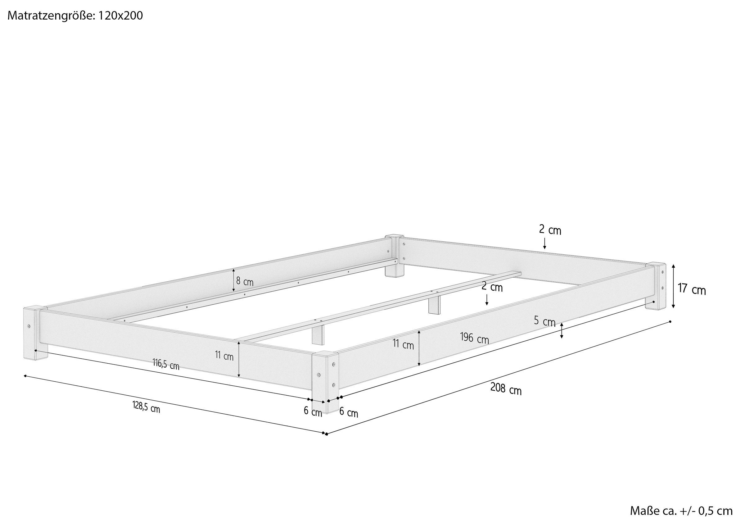 massiv, Kiefer Einzelbett Kieferfarblos Futonbett flaches Bett ERST-HOLZ 120x200 Breites, lackiert
