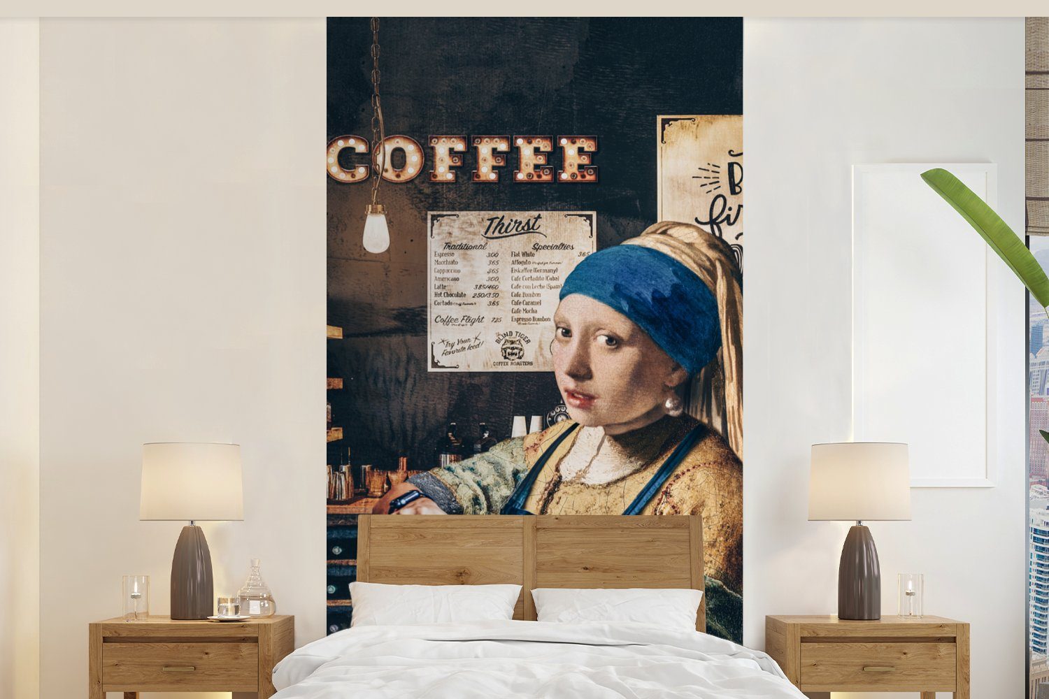 MuchoWow Fototapete Mädchen mit Perlenohrring - Cappuccino - Barista - Vermeer - Kaffee -, Matt, bedruckt, (2 St), Vliestapete für Wohnzimmer Schlafzimmer Küche, Fototapete