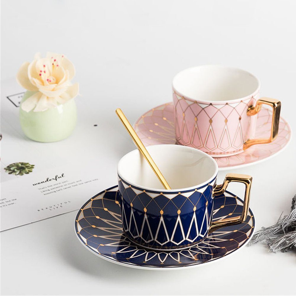 Dekorative Kaffeeservice Europäischer Keramik-Kaffeebecher, Untertasse Untertassen und mit Set Set Löffel, Teetasse Tasse blau (1-tlg), Teetasse & Ceramic