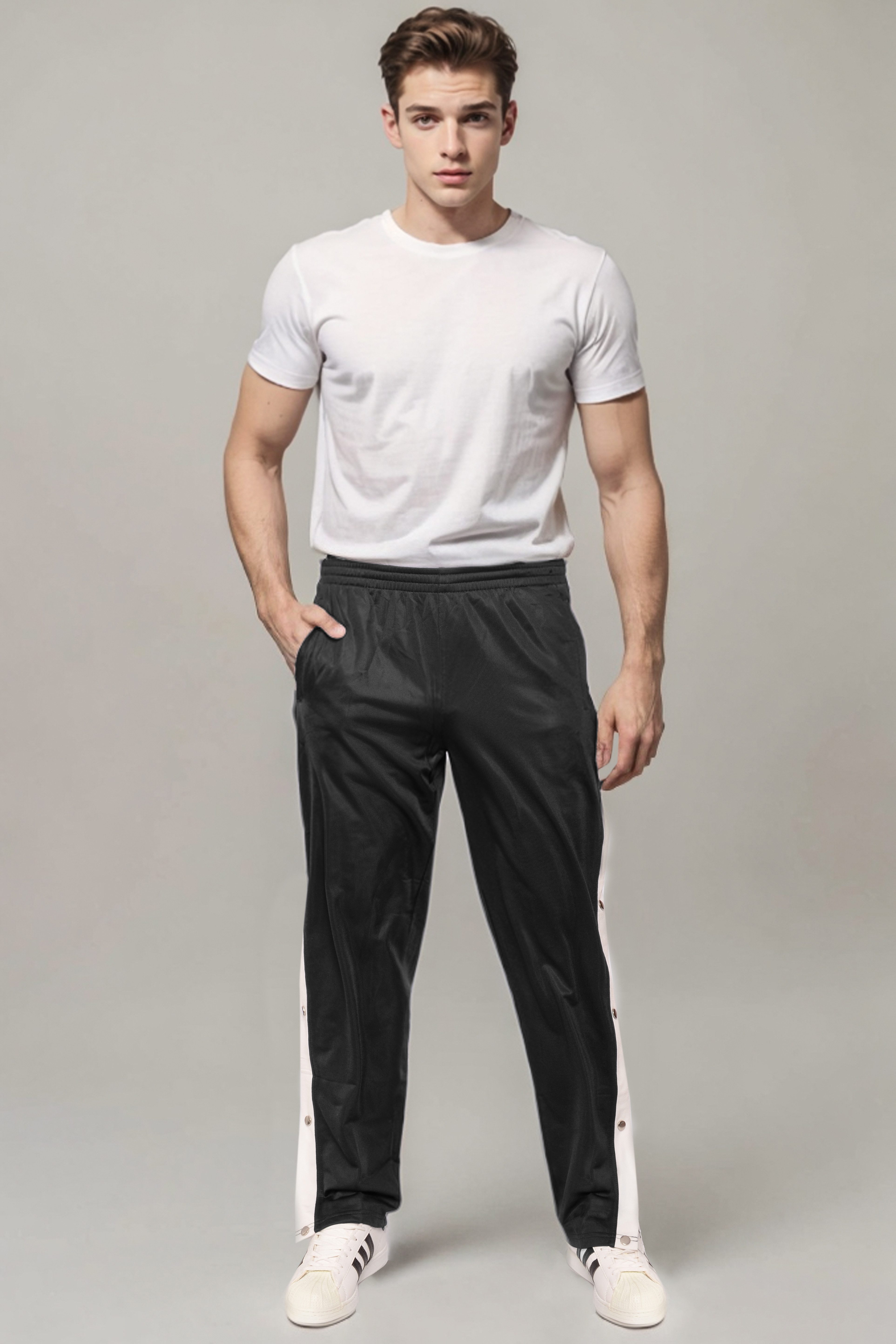 Kendindza Collection Jogginghose Knopfhose Jogginghose mit Druckknöpfen Sporthose Herren Relaxhose Tunnelzug Gummibund Streifen Knöpfe