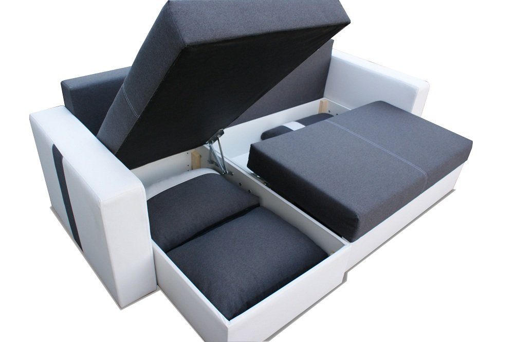 Maße: Weiß/Blau T145 H90 Furnix x 2x B230 Bettkasten, x BH16+SF17 Schlafsofa Sofa Sitzhöhe: Polstercouch in NIPPUR L-Form DL-Ausziehautomatik, cm, cm Schlaffunktion, 45 mit