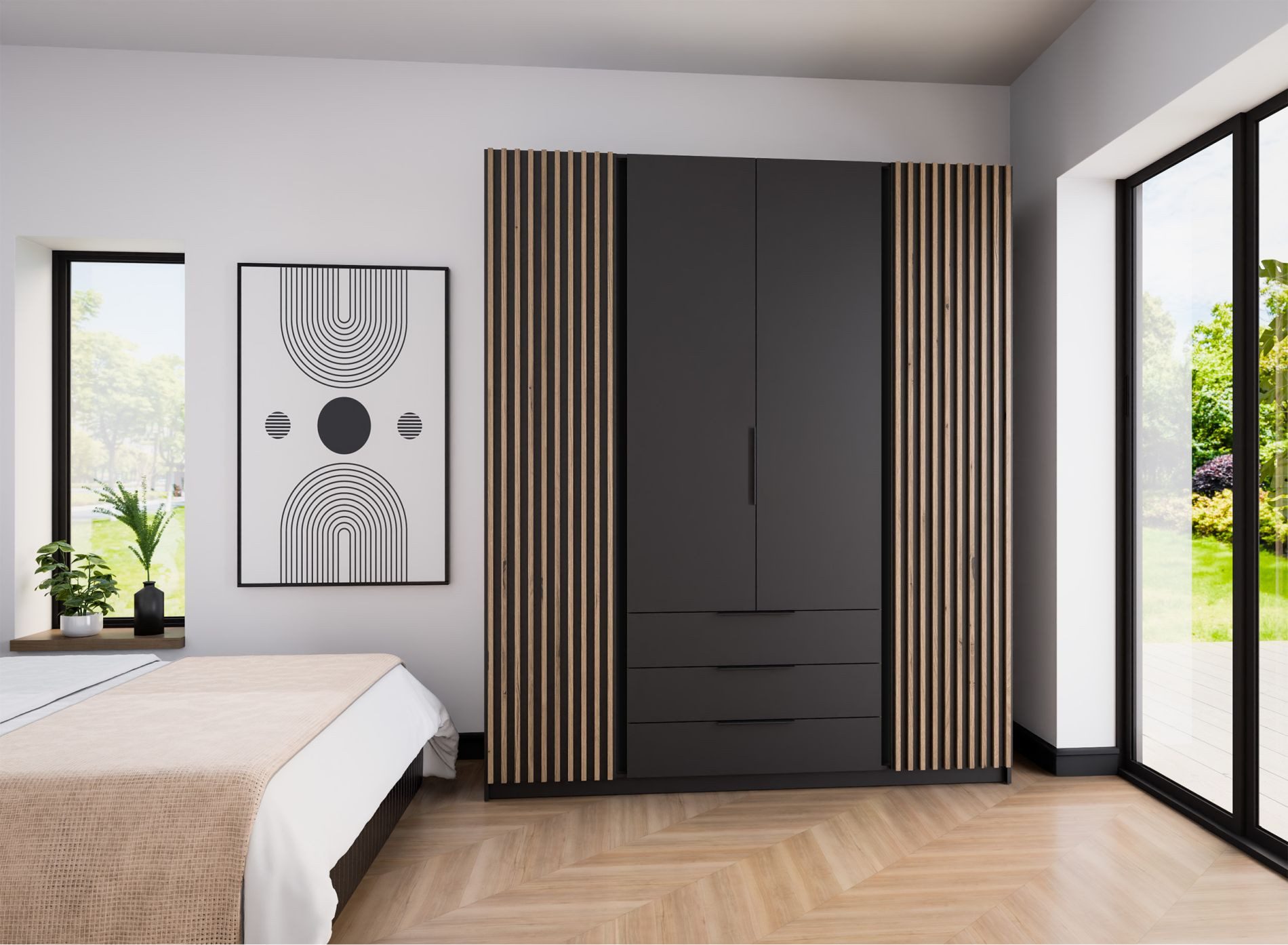 Selsey Kleiderschrank KAJA 4-türig mit Soft-Close, Kleiderstange und 11 Regalfächern, 200 cm