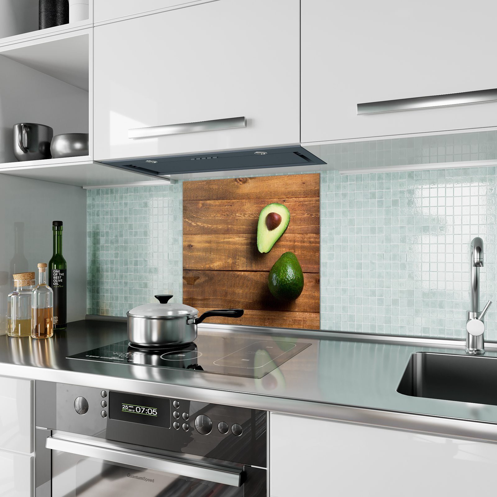 mit auf Primedeco Glas Spritzschutz Holztisch Küchenrückwand Küchenrückwand Avocado Motiv
