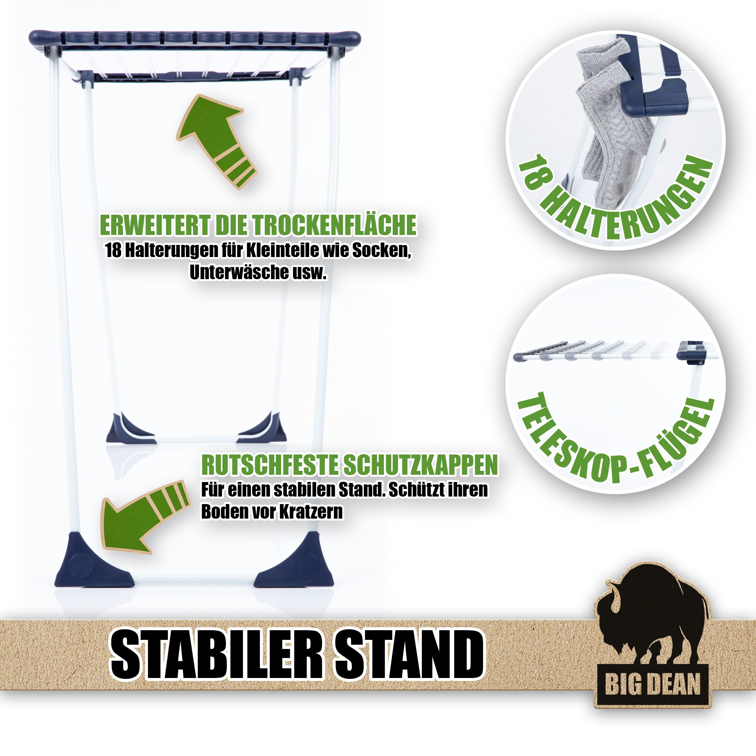 BigDean Wäscheständer Standtrockner ausziehbar 20m XXL zusammenklappbar weiß - stabil, Stahlkonstruktion, Kleinteile Klemme, Ausziehflügel – Bild 4 von 5