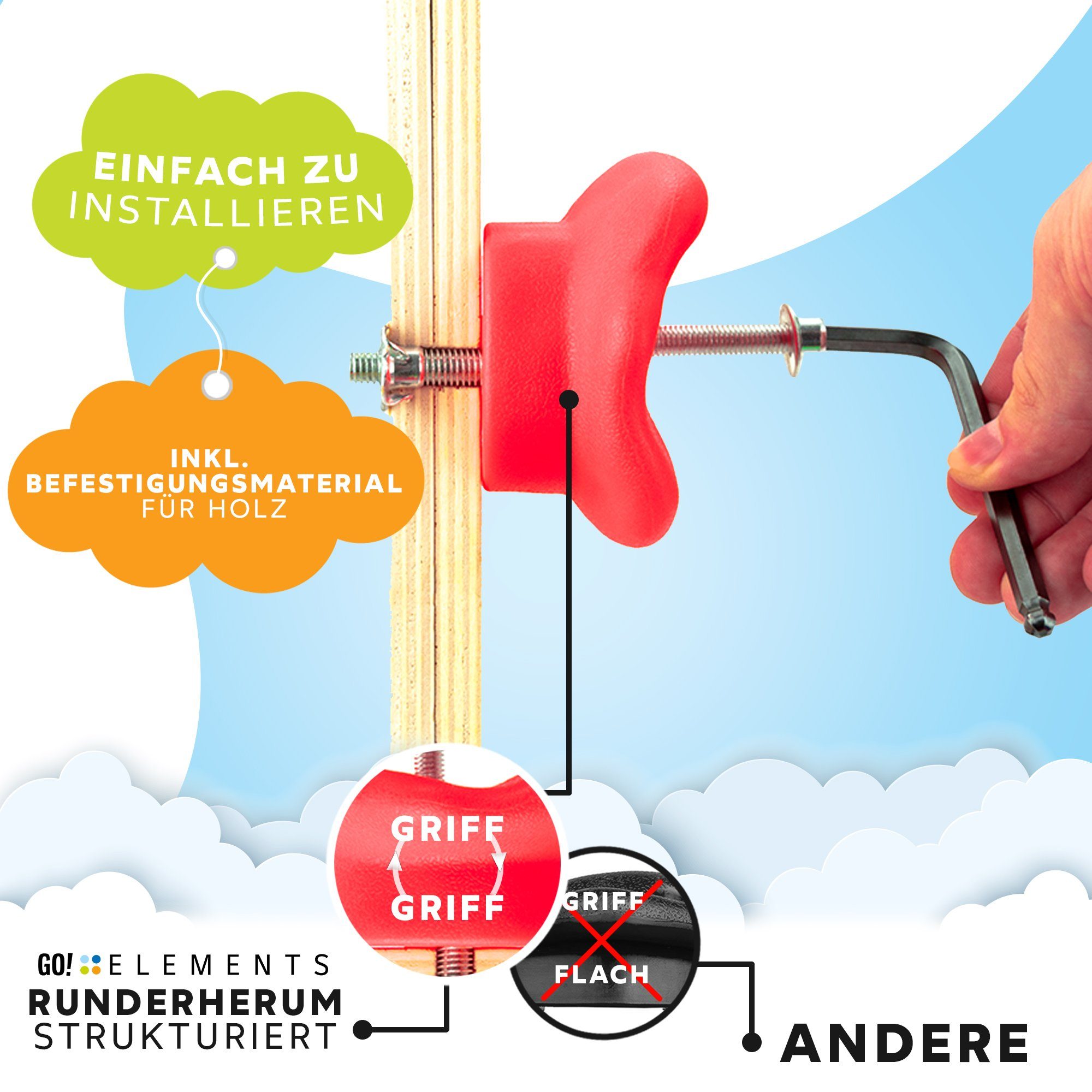 GO!elements Klettergriff Cloud Climber (15 Set), Klettergriffe Kinder Set Outdoor inkl. Befestigungsmaterial - Indoor Klettersteine für Kletterwand - Kids Bouldersteine bunt für Spielturm mit Schrauben