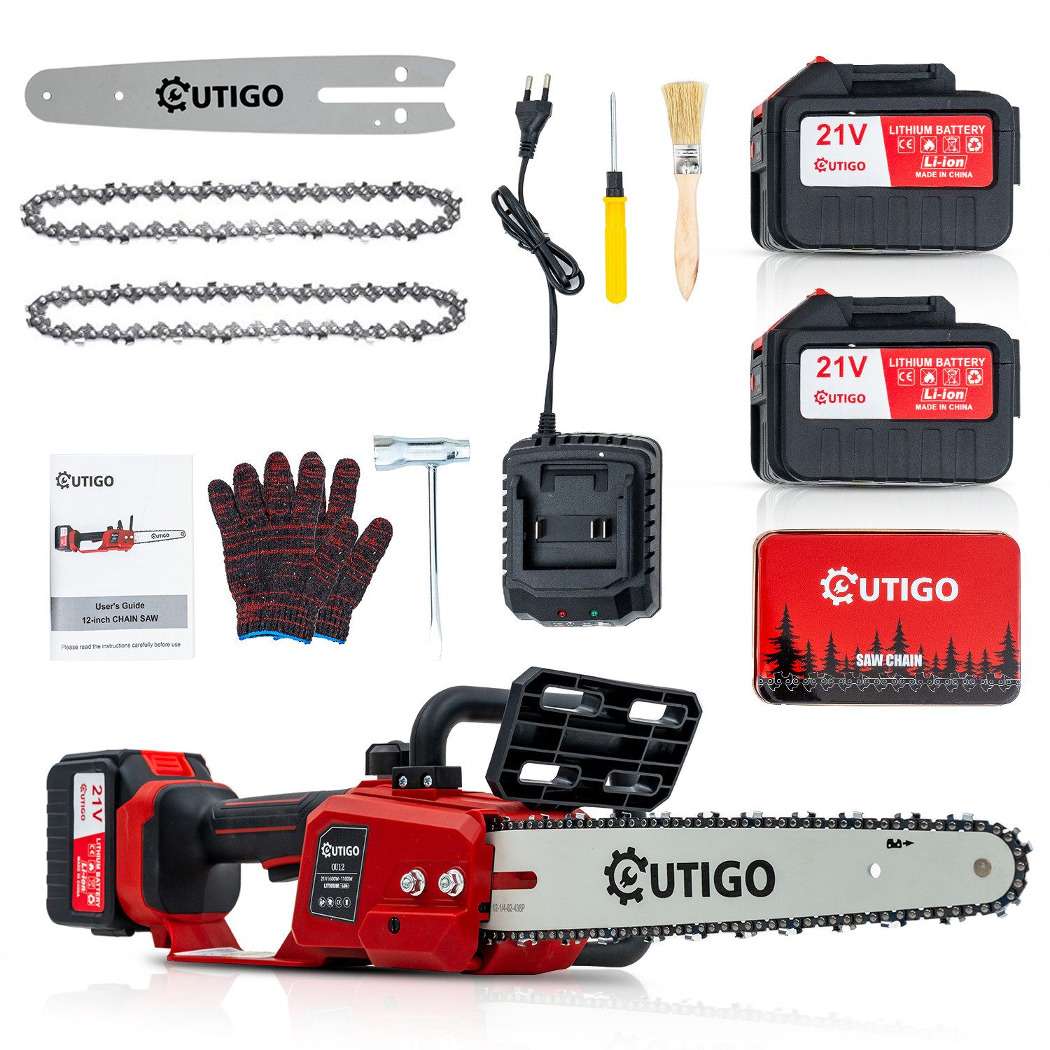 OUTIGO Akku-Kettensäge 12'' Kettensäge, 2*4500 mAH Akkus,1000W Bürstenlose Elektro-Kettensäge, 2*4.5 AH AKKU, 12 zoll 2 Akkus, 1 Ketten + 1 Kettenführungsschienen, 1000 W