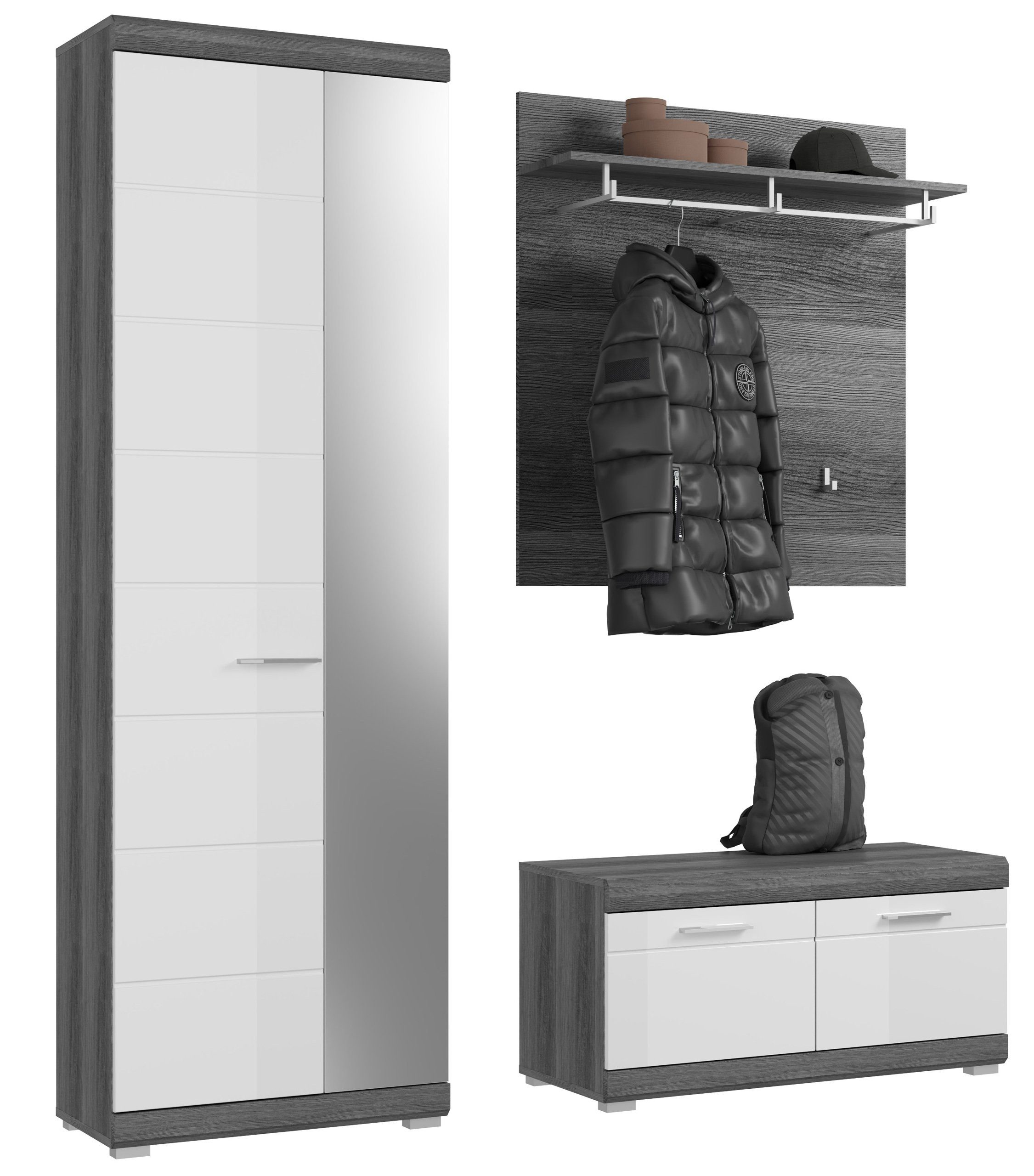 Newroom Garderoben-Set Rauchsilber 197 cm, Garderoben-Set Weiß Hochglanz Rauchsilber Flurmöbel Garderobensch...