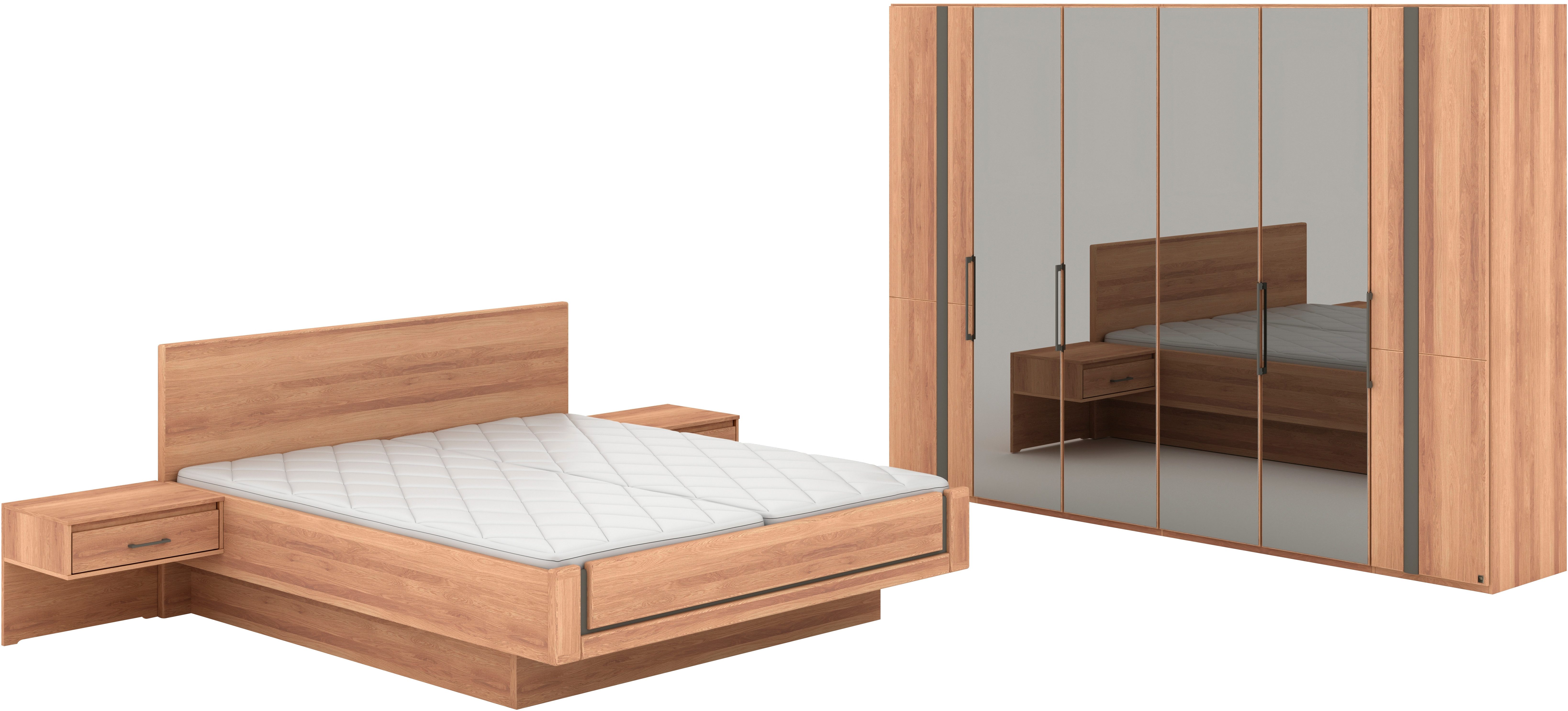 Musterring Schlafzimmer-Set Sorrent, Kleiderschrank, Bett & Nachtkommoden, teilmassiv Eiche, (2er-Set Nachtschränke, Drehtürenschrank 300 cm, Bett 180x200 cm), Bett schwebende Optik, Eiche teilmassiv, Spiegeltüren in Parsol-Bronze