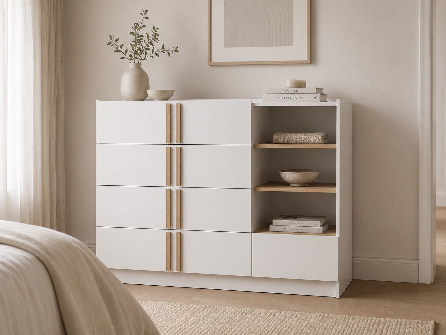 MOEBLO Kommode Glamy Wood 5S (5 Schubladen und 3 Fächer, weiße Kommode mit Holzgriffen, skandinavisches Design, Wohnzimmer Schlafzimmer …
