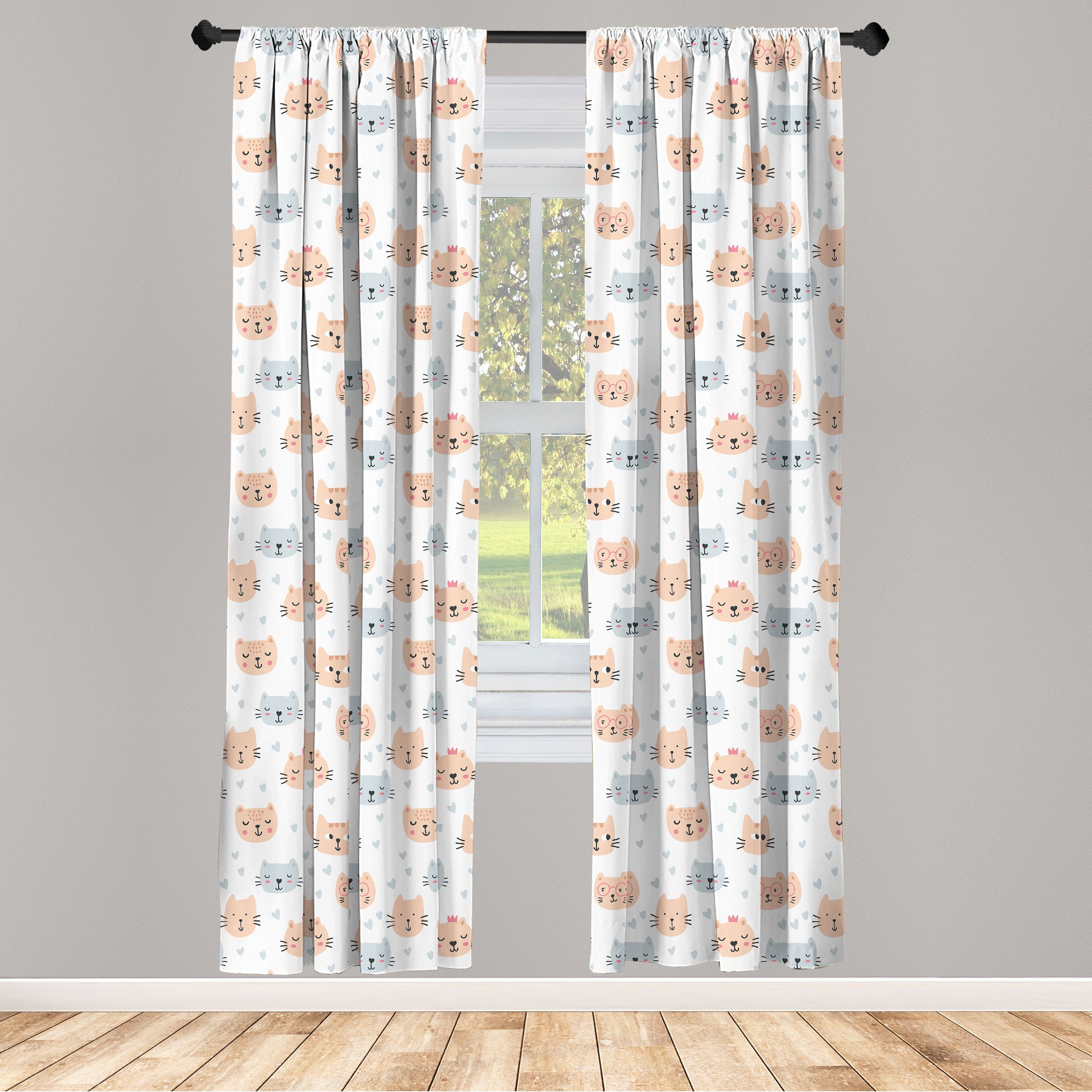 Gardine Vorhang für Dekor, Süße Art-Haustier-Theme Microfaser, Abakuhaus, Wohnzimmer Katze Doodle Schlafzimmer
