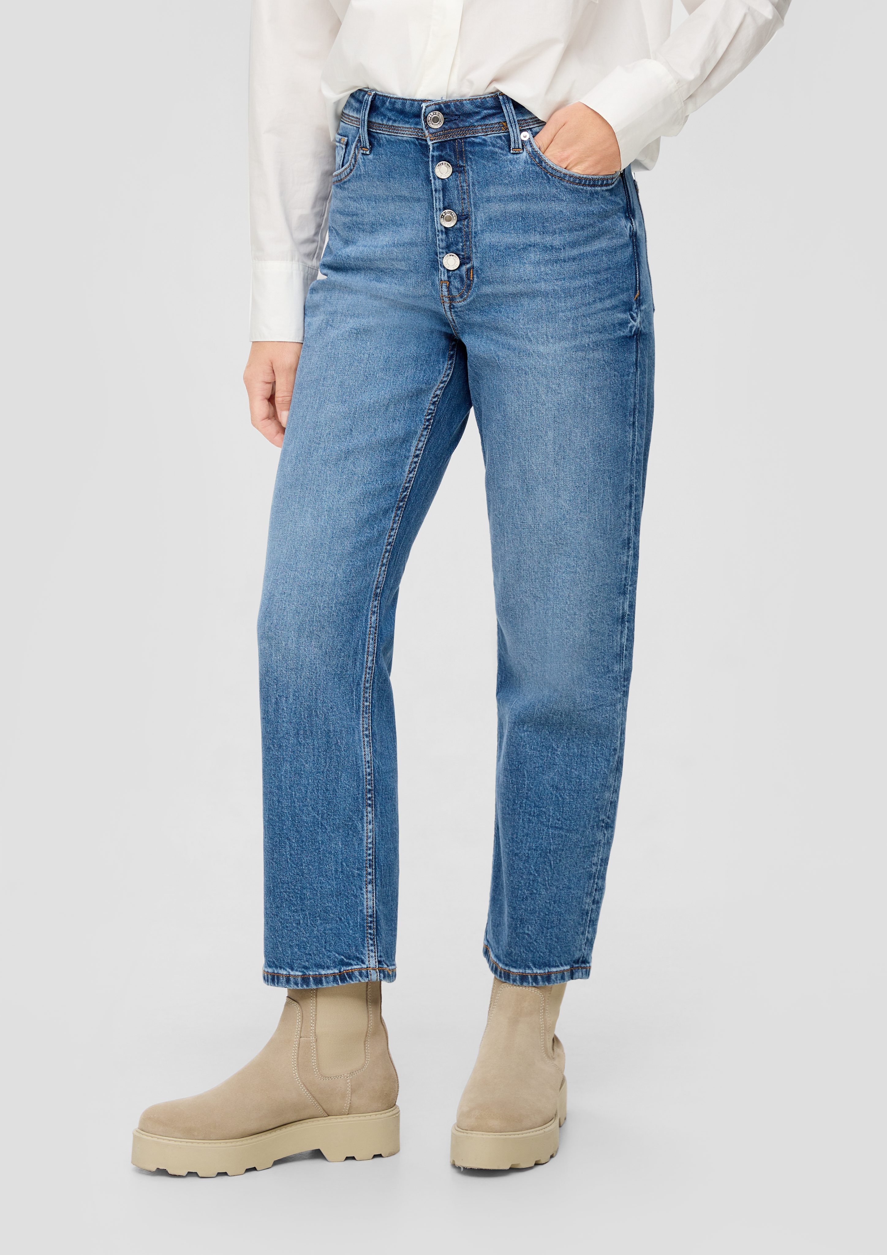 Straight ozeanblau Regular Karolin 7/8-Jeans Leg Leder-Patch, Waschung / High / / Cropped-Jeans s.Oliver Rise Fit