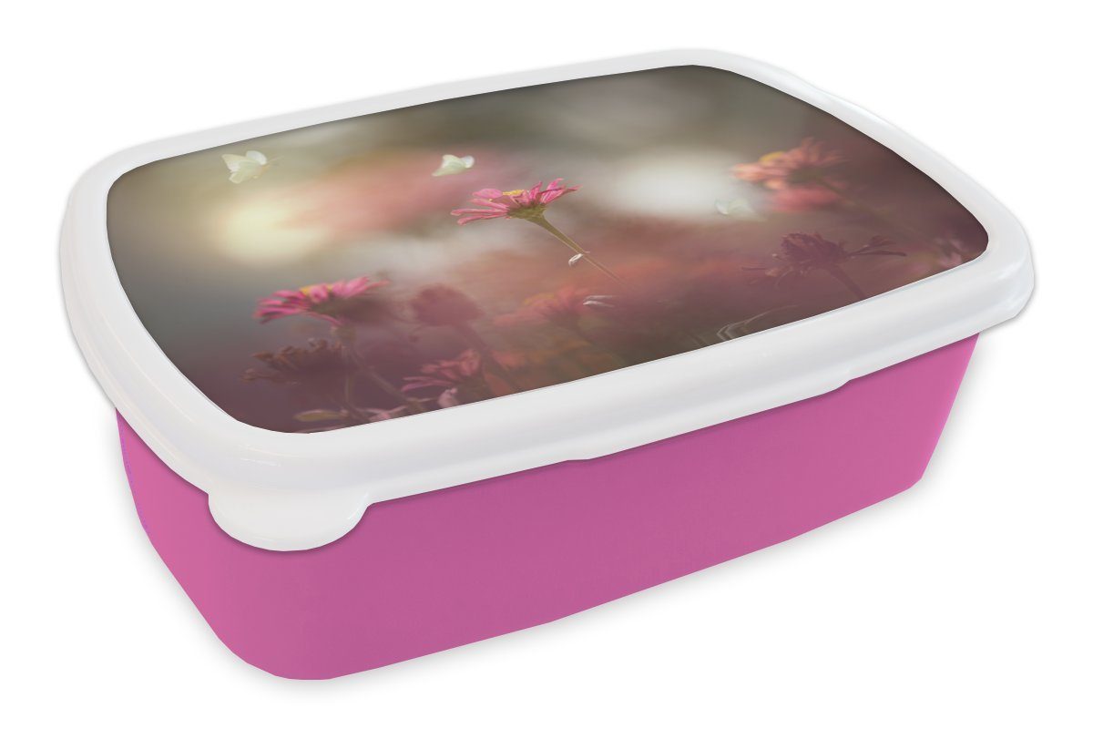 MuchoWow Lunchbox Schmetterling - Blumen - Frühling, Kunststoff, (2-tlg), Brotbox für Erwachsene, Brotdose Kinder, Snackbox, Mädchen, Kunststoff rosa