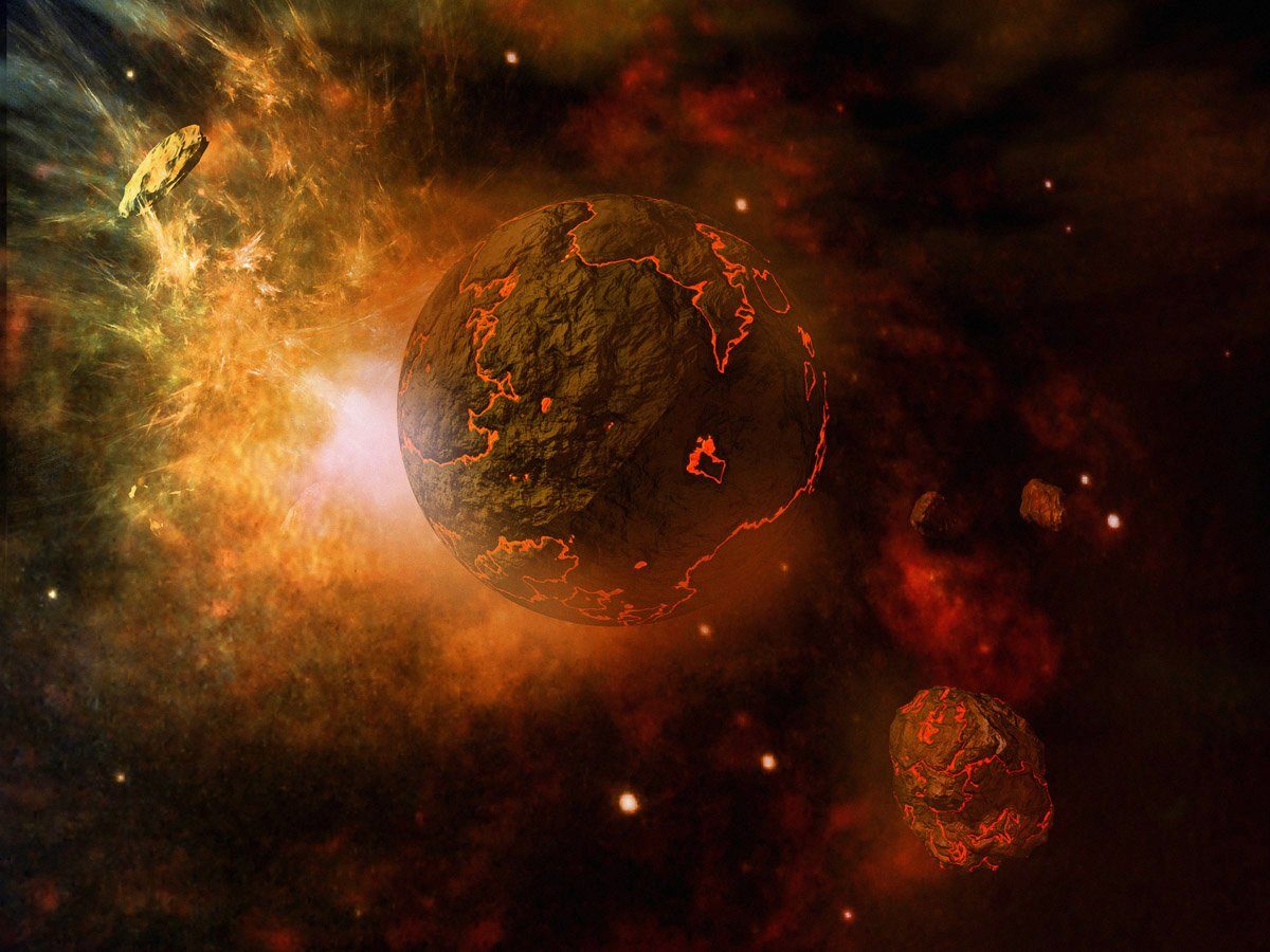 Papermoon Fototapete Feuriger Planet und Asteroiden