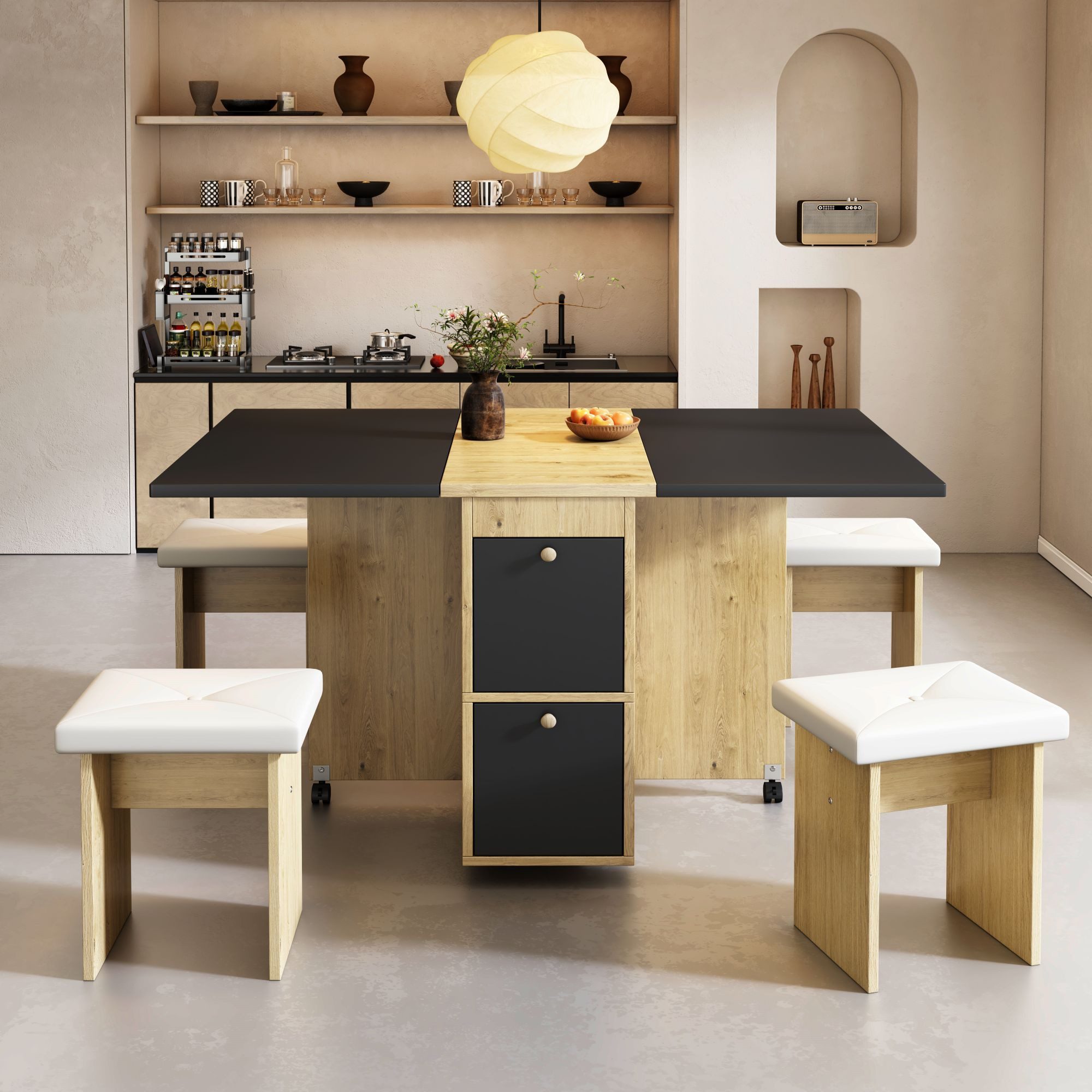 Odikalo Esszimmer-Set klappbar Esstisch 4 Stühlen Ausziehbar Multifunktionaler Weiß Schwarz