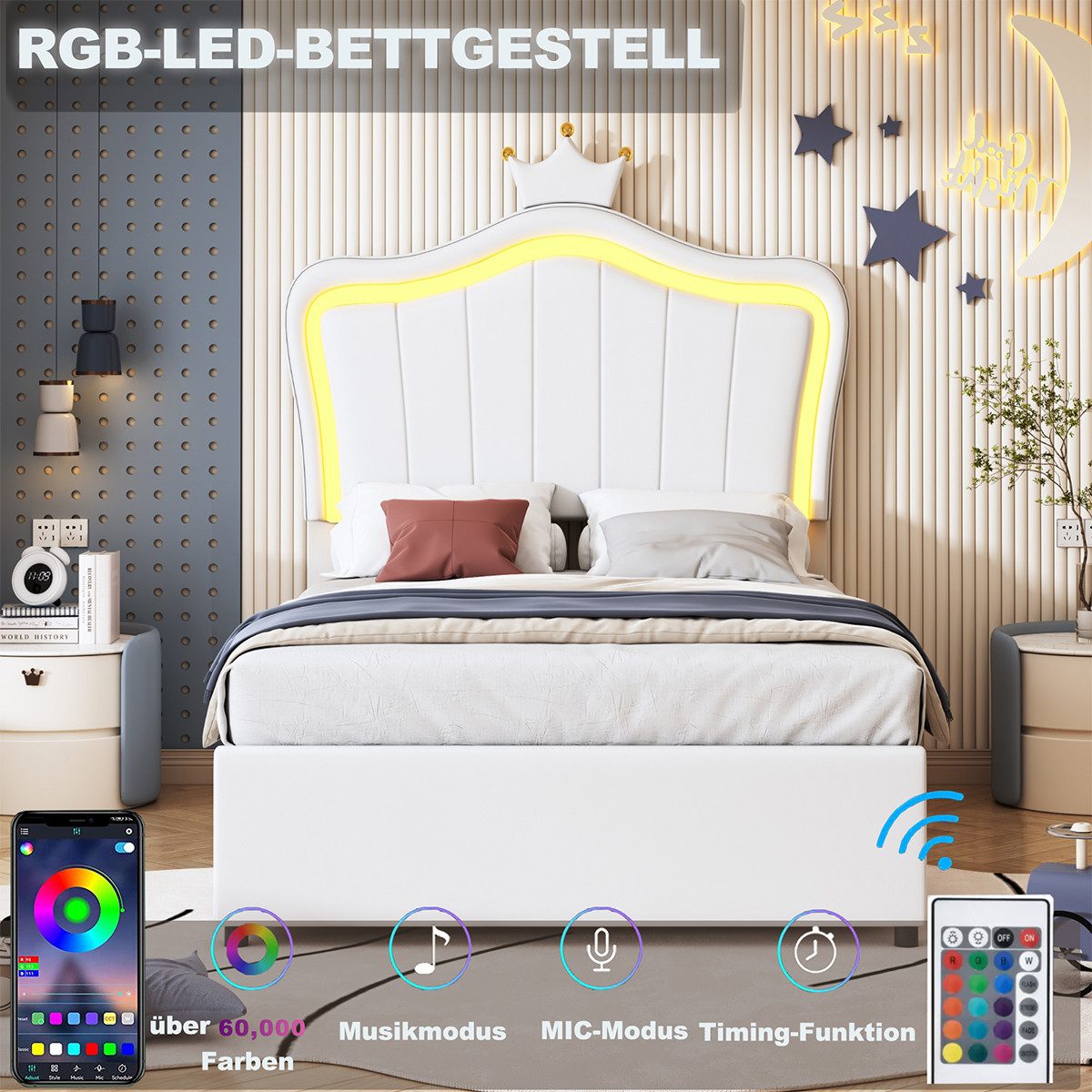 XDeer Polsterbett Polsterbett Mit Kronendesign LED-Beleuchtung Kinderbett, Kunstleder Hydraulisches Stauraumbett 90x200cm Weiß