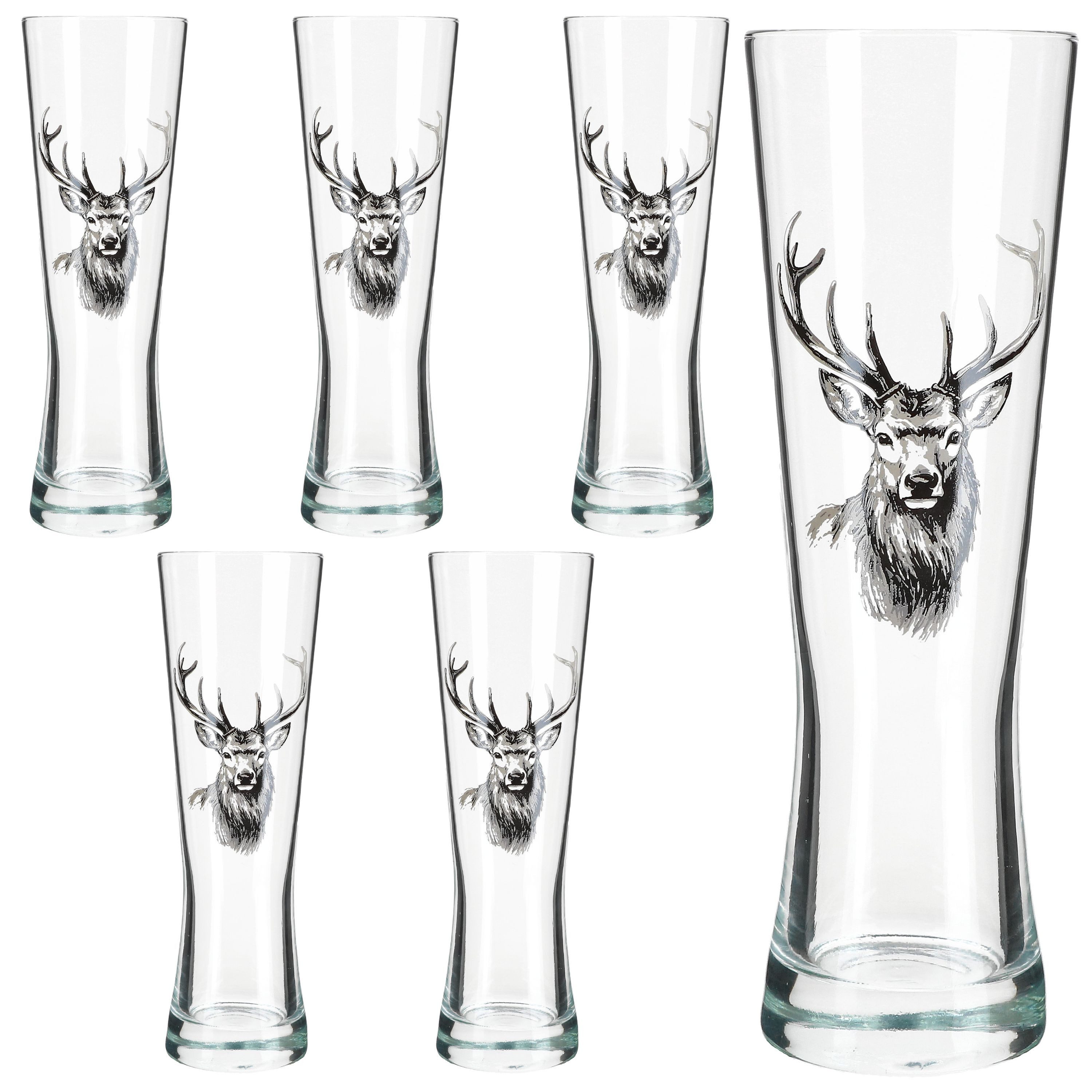 MamboCat Bierglas Alois 6er Set Weizenglas 0,5 L Hirschmotiv Geschenkverpackung, Glas