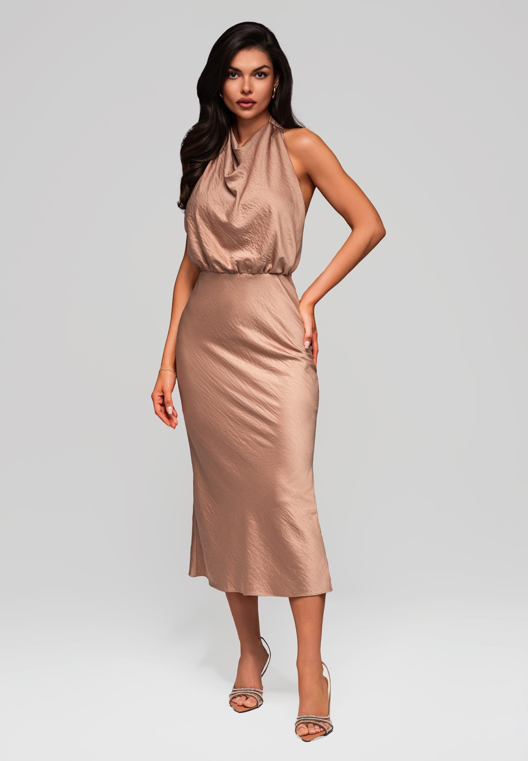 OMBRE Abendkleid Midi-Halterkleid mit Wasserfall-Ausschnitt – Bild 4 von 5