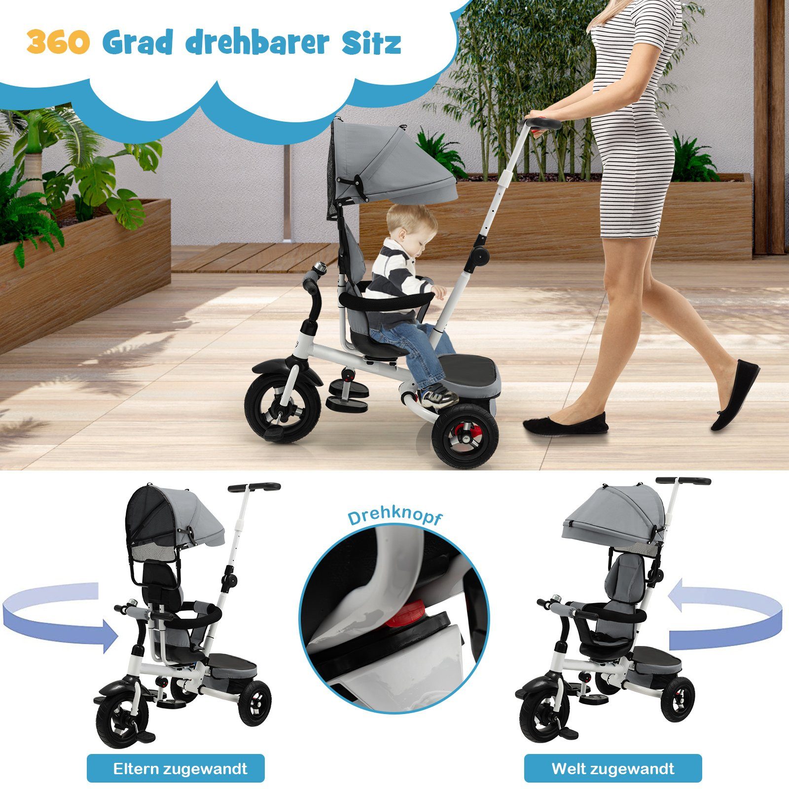 COSTWAY Dreirad, 4 in 1 Kinderwagen Lenkstange mit Dach