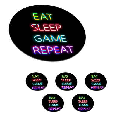 MuchoWow Glasuntersetzer Gaming - Led - Zitat - Eat sleep game repeat - Gaming, Zubehör für Gläser, 6-tlg., Getränkeuntersetzer, Tassenuntersetzer, Korkuntersetzer, Tasse, Becher