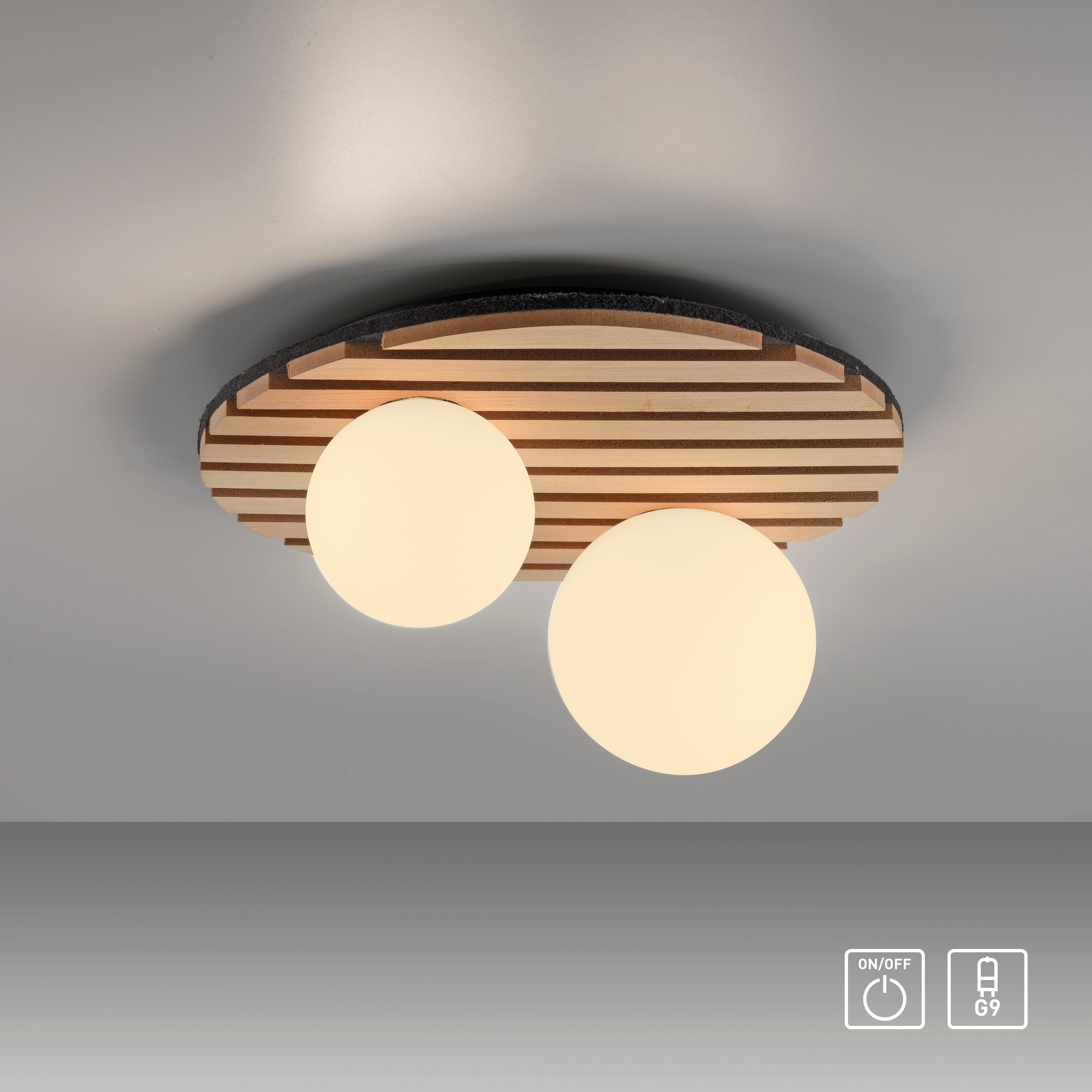 Leonique Deckenleuchte Erinette Akustikpaneele mit Glaskugel, Leuchtmittel wechselbar, ohne Leuchtmittel, Warmweiß, Holz, Akustik, Paneele, Glas, opal matt weiß, Deckenlampe