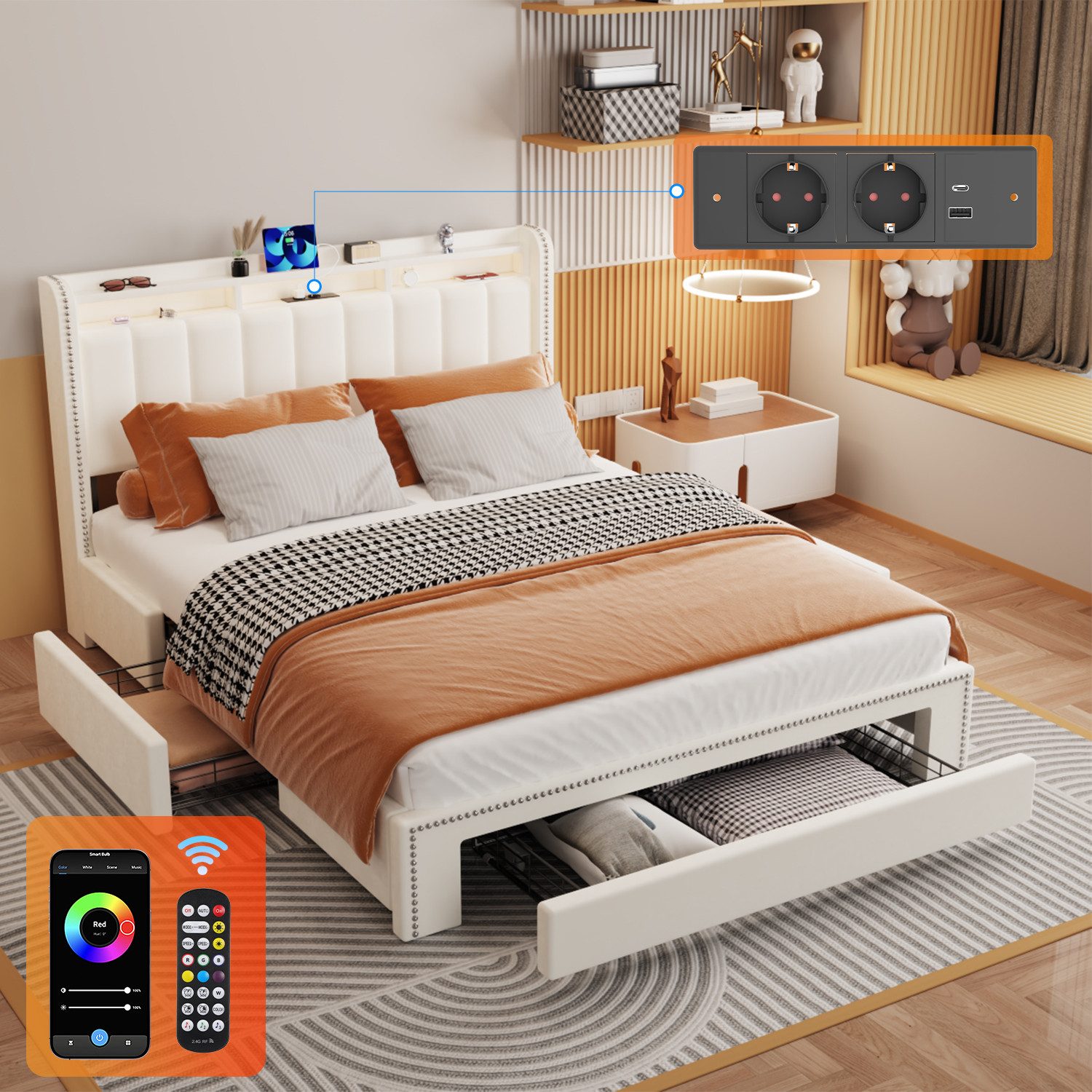 oyajia Stauraumbett Polsterbett mit Stauraum,LED-Beleuchtung (Polsterbett günstig online kaufen