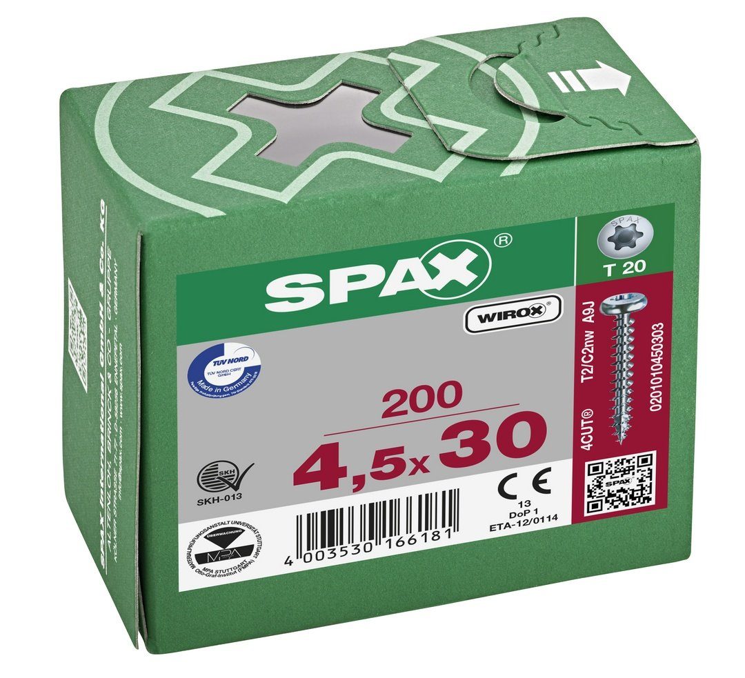 SPAX Spanplattenschraube Universalschraube, (Stahl weiß 4,5x30 200 verzinkt, St), mm
