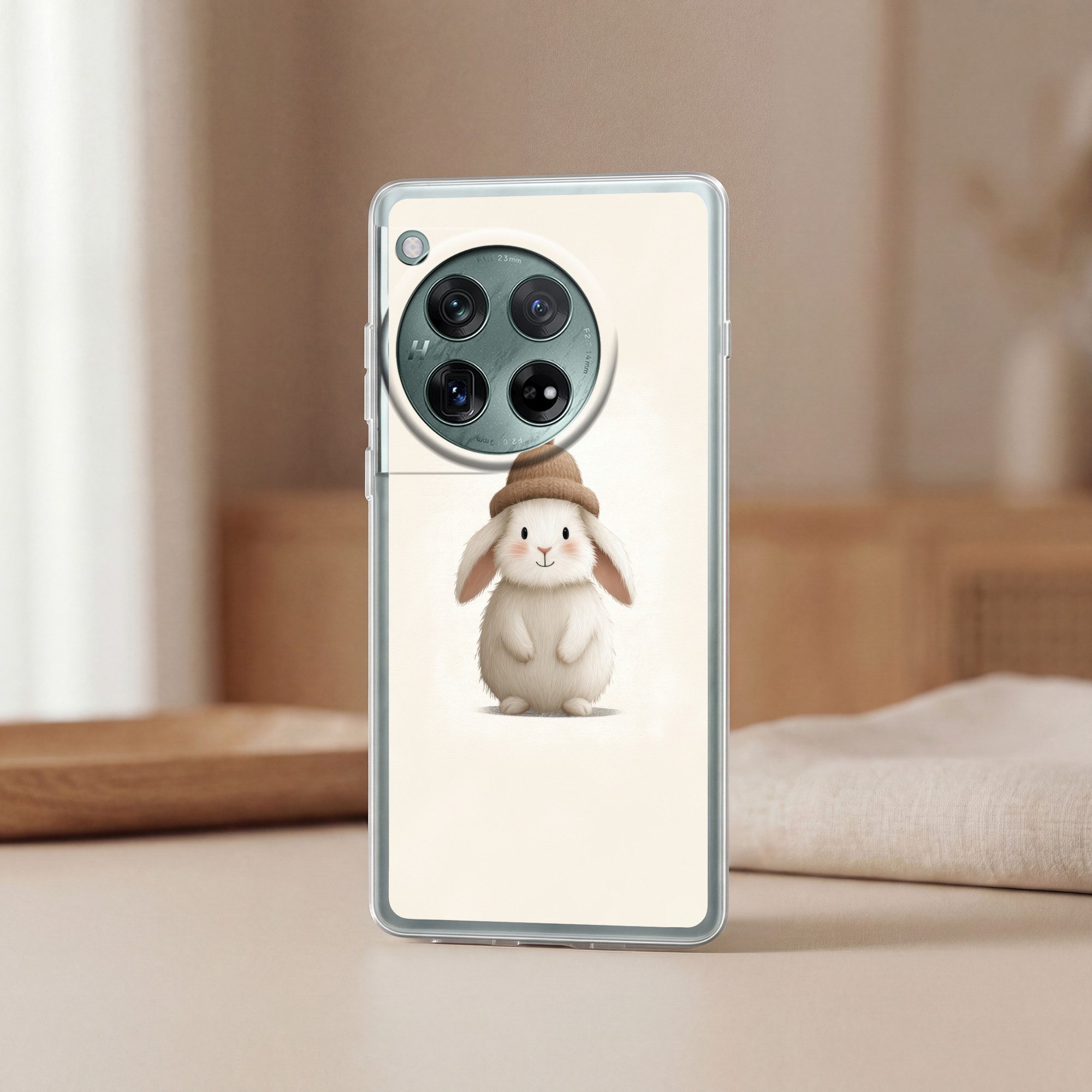 MuchoWow Handyhülle für OnePlus 12 Kaninchen - Hut - Ohren - Beige, Handy Case, Silikon, Bumper Case Dünn