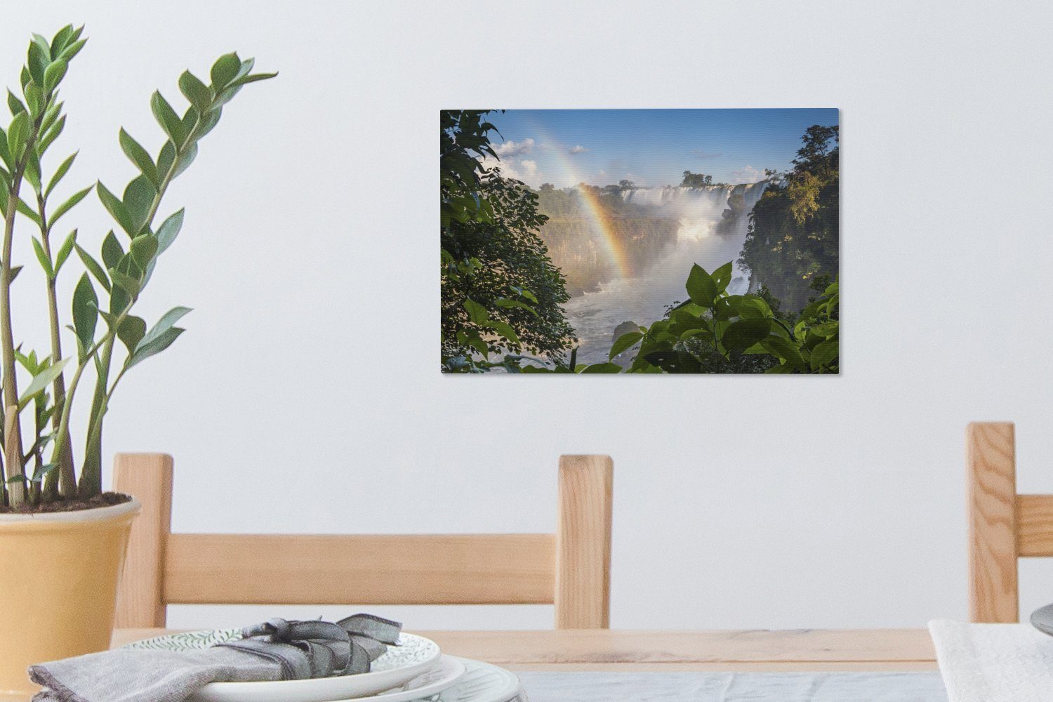 OneMillionCanvasses® Leinwandbild Wasserfall - Regenbogen cm Wanddeko, Wandbild St), (1 - Aufhängefertig, Tropisch, 30x20 Leinwandbilder