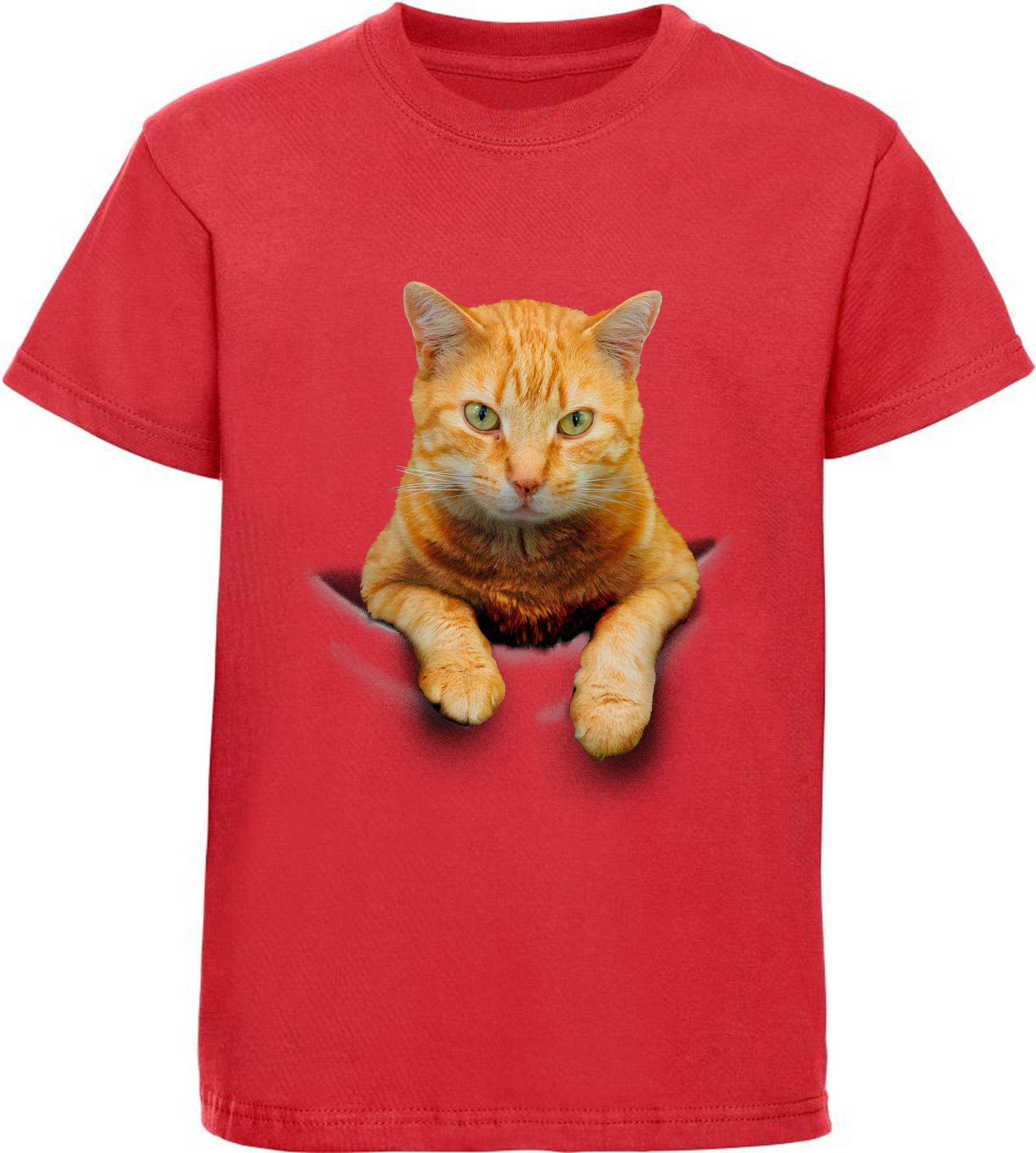 weiß, MyDesign24 i109 Print-Shirt rosa, Mädchen T-Shirt in Katze bedrucktes Baumwollshirt schwarz, rot, mit Tasche der Katze,