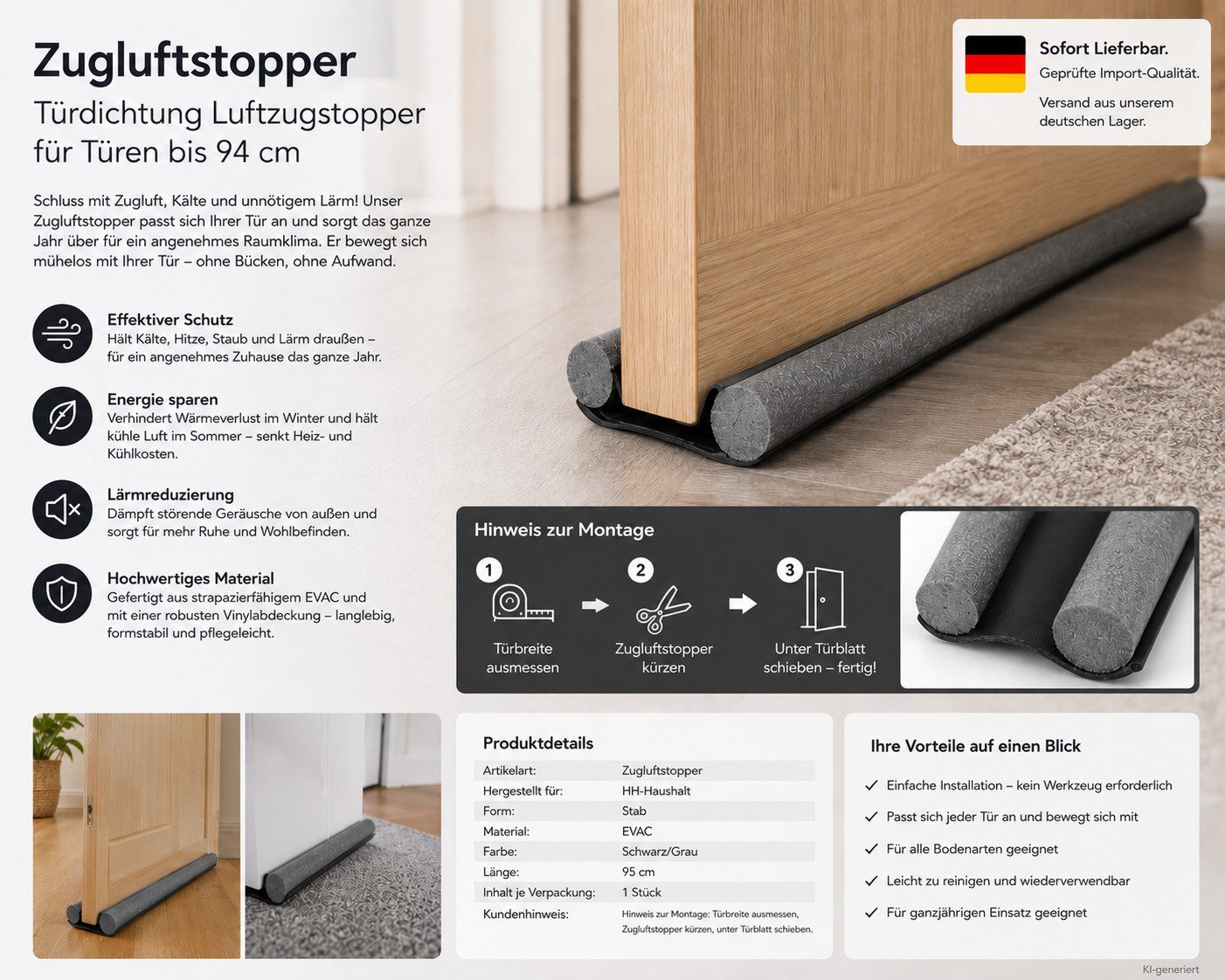 HH-Haushalt Zugluftstopper Zugluftstopper Türdichtung 95 cm Grau/Schwarz – Luftzugstopper