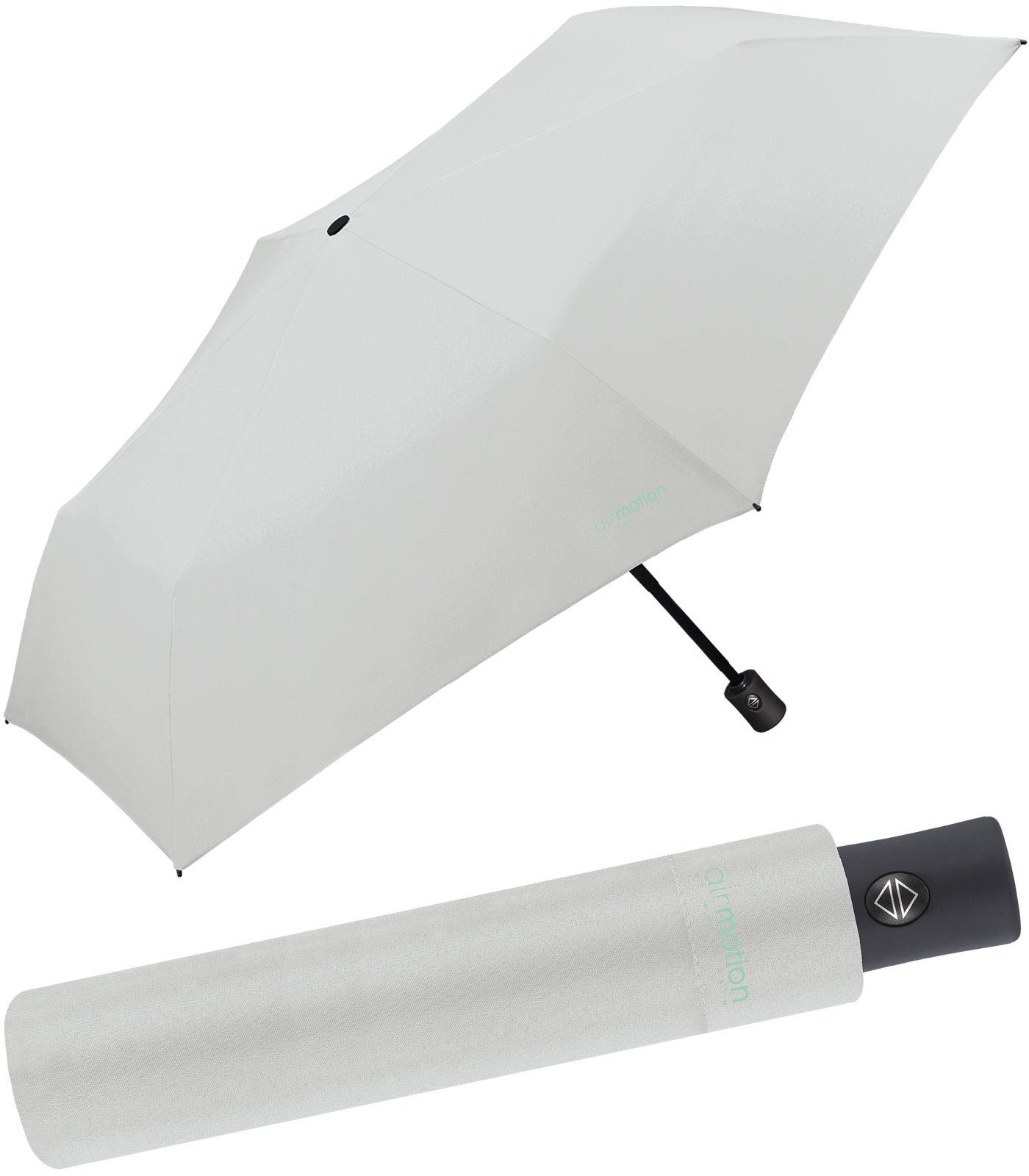 HAPPY RAIN Taschenregenschirm Air Motion - 174 g Auf-Zu-Automatik superleicht, leichtester vollautomatischer Minischirm - perfekt für Gepäck und Handtasche grau
