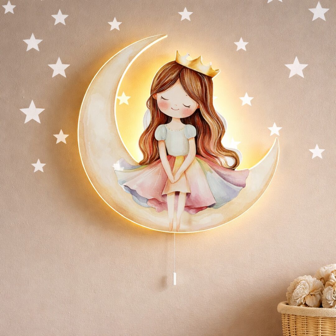 COZYCOLLECTIONS LED Wandleuchte Prinzessin sitzt auf Mond LED-Wandnachtlicht, LED, Warmweiß, Montessori-inspiriertes Prinzessinnenlicht für Traumrituale