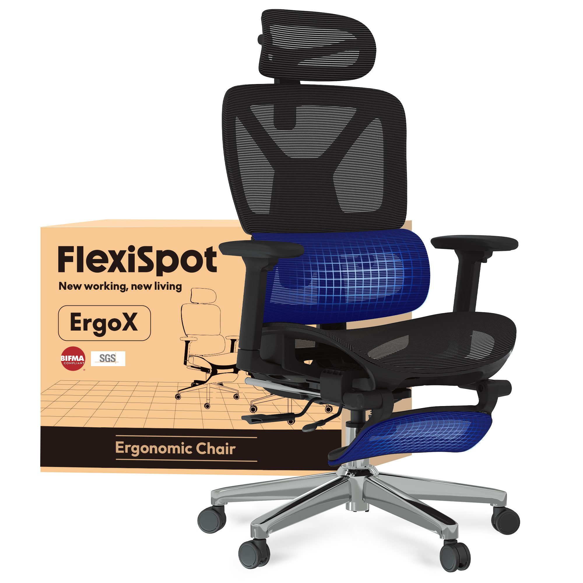FLEXISPOT Bürostuhl ErgoX, Schreibtischstuhl Premium Ergonomischer (Rückenlehne verstellbar 90°-135°, 3D-Armlehnen, 3D-Kopfstütze, 5D-verstellbare Rückenlehne), Chef-Mesh-Bürostuhl, 130KG Tragkraft, mit Fußstütze