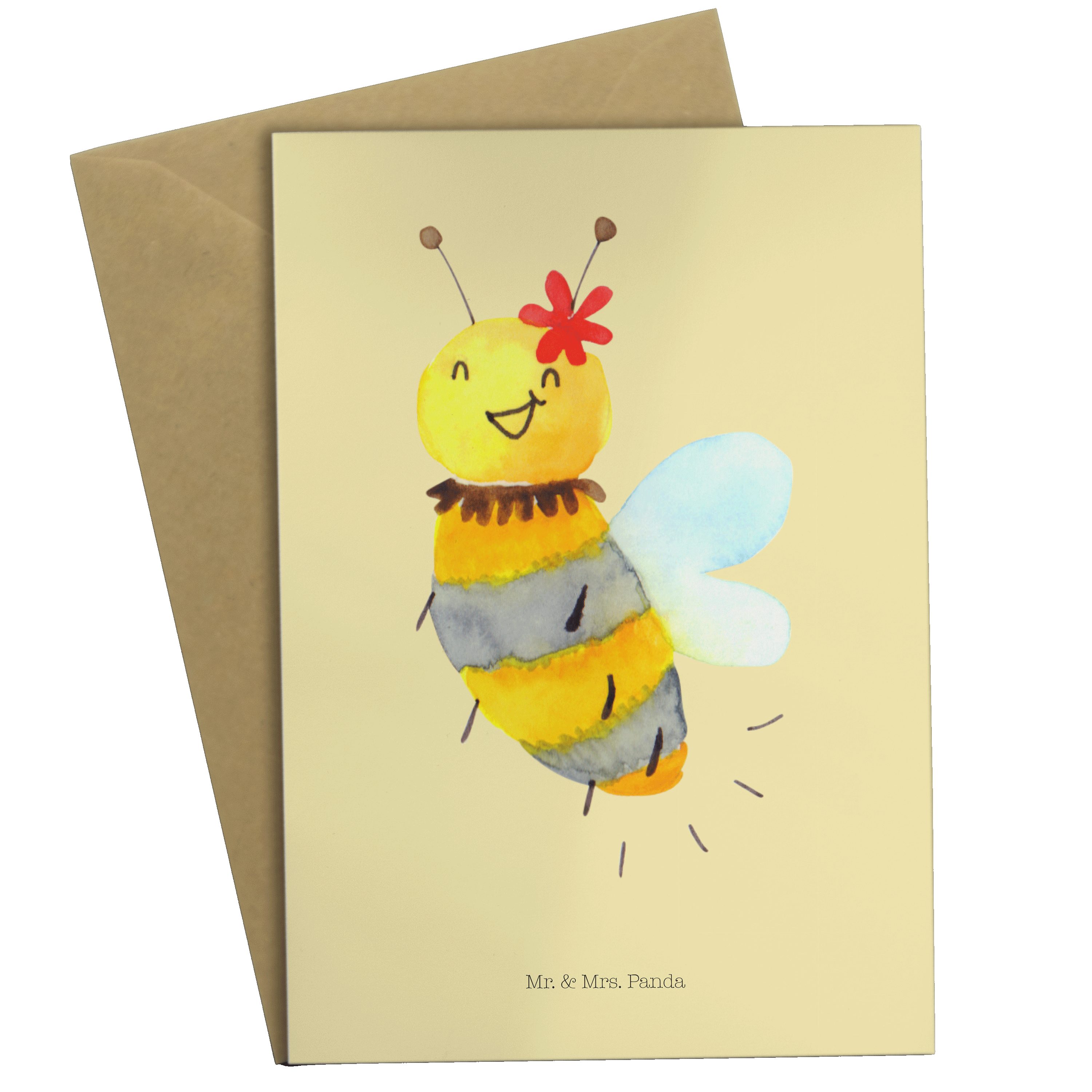 Mr. & Mrs. Panda Grußkarte Biene Blume - Gelb Pastell - Geschenk, Hummel, Wespe, Einladungskarte