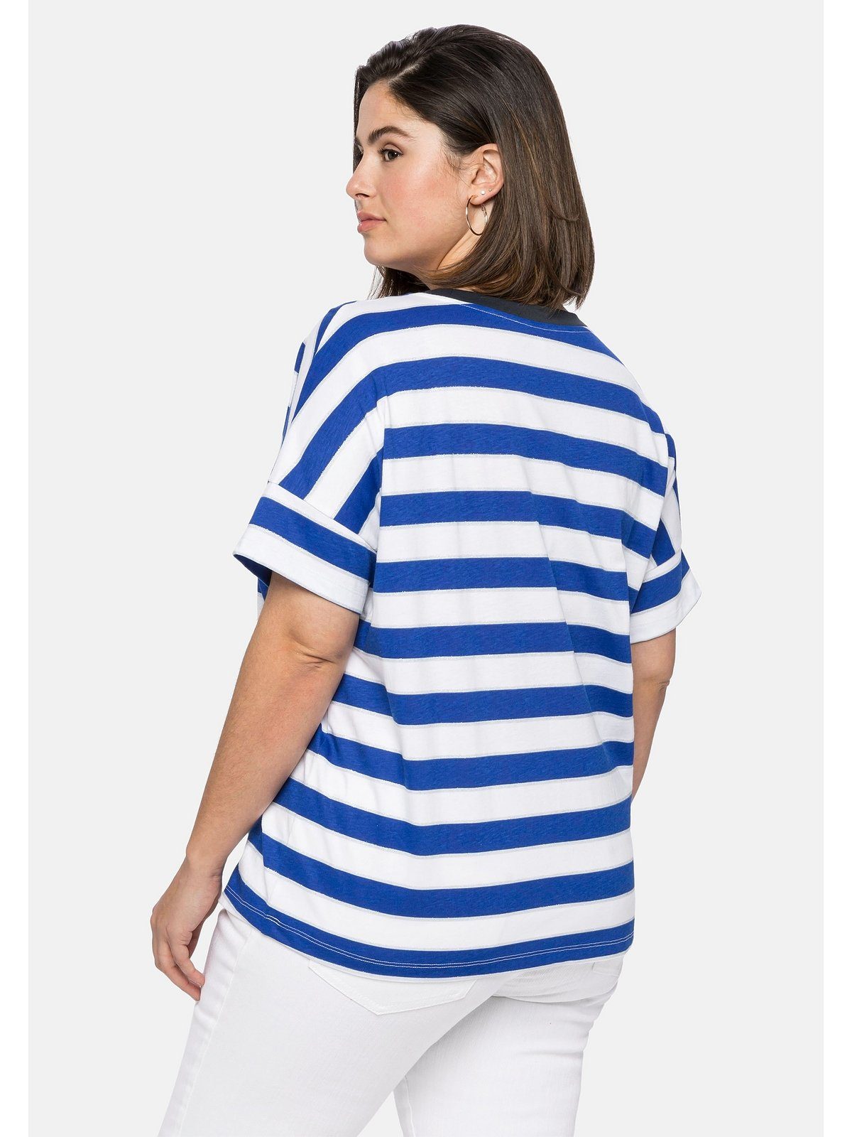 Glitzergarn, Sheego Größen Große Oversize-Form T-Shirt mit in royalblau-weiß